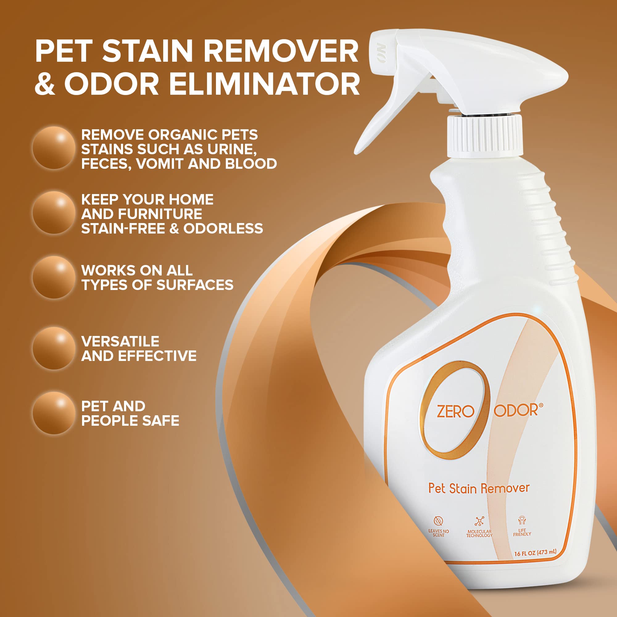 Zero Odor - Pet Stain Remover & Odor Eliminator - Permanently Remove Stain & Odor With Patented Technology Best For Carpet, Furniture, Floors, Pet Bed– Look And Smell Great, 16Oz (Over 400 Sprays)