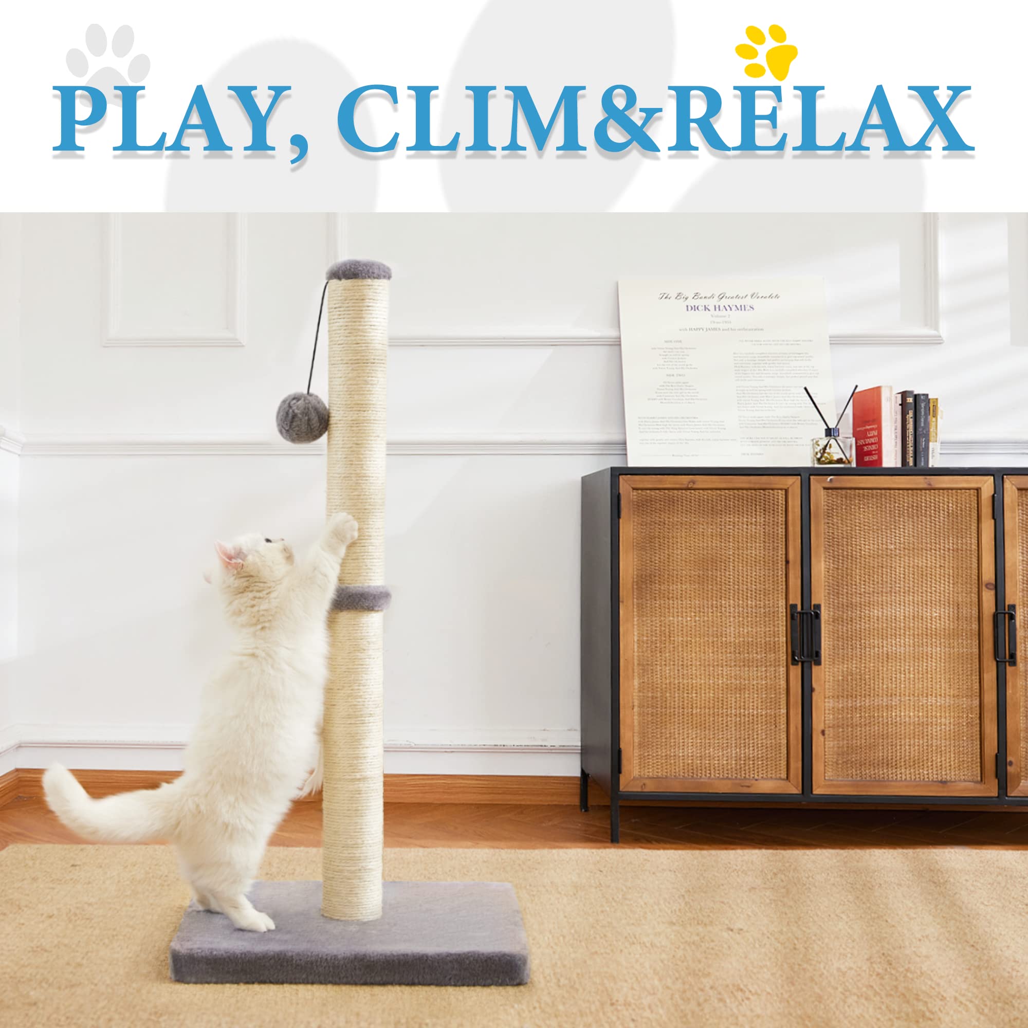 MeowHomm 32   Tall Cat Scratching Post Cat Scratcher with Hanging Ball, Durable Cat Scratching Post for Indoor with Sisal Rope