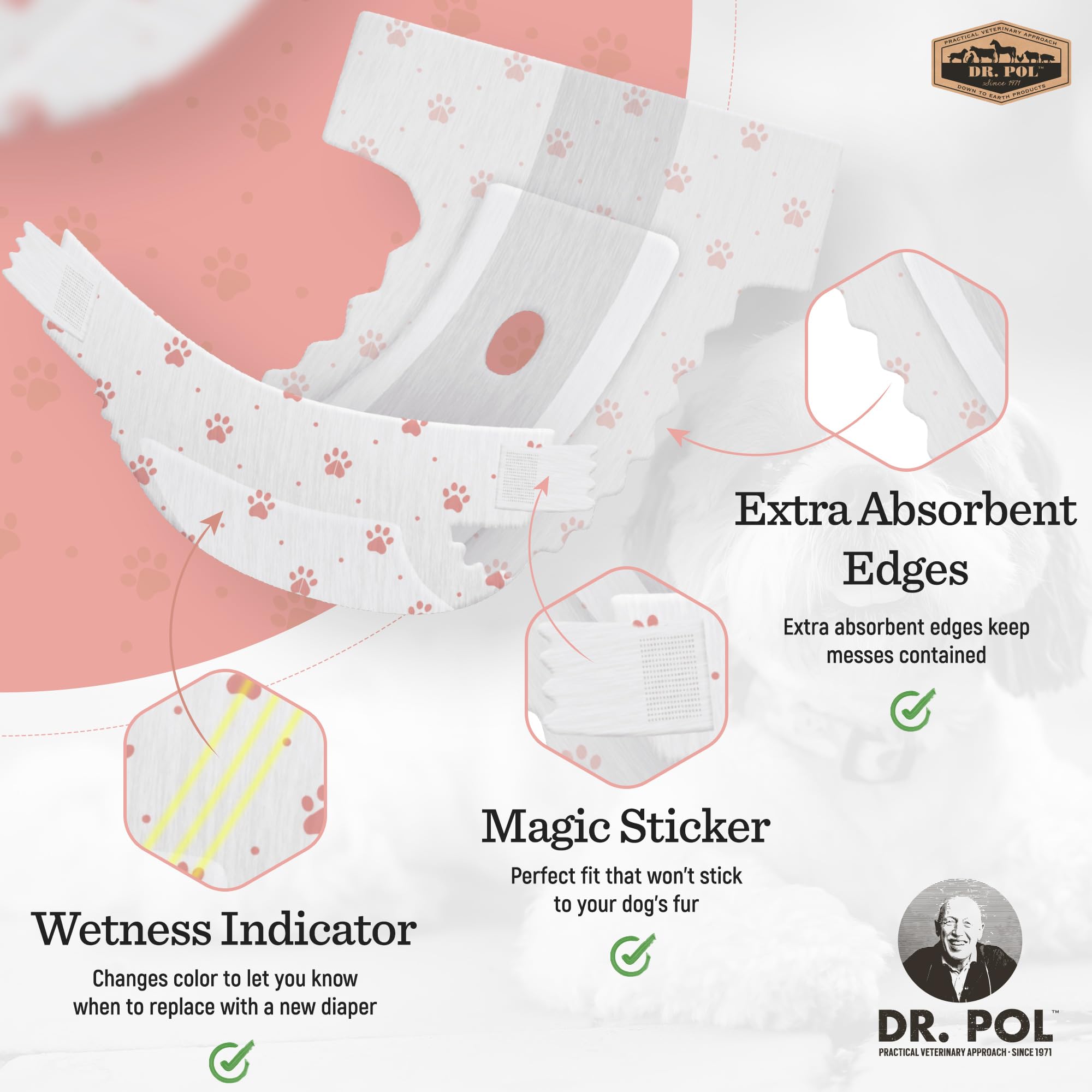 Dr. Pol Female Dog Diapers - Super Absorbent, Breathable, Leak-Proof With Wetness Indicator, Small, 50 Count