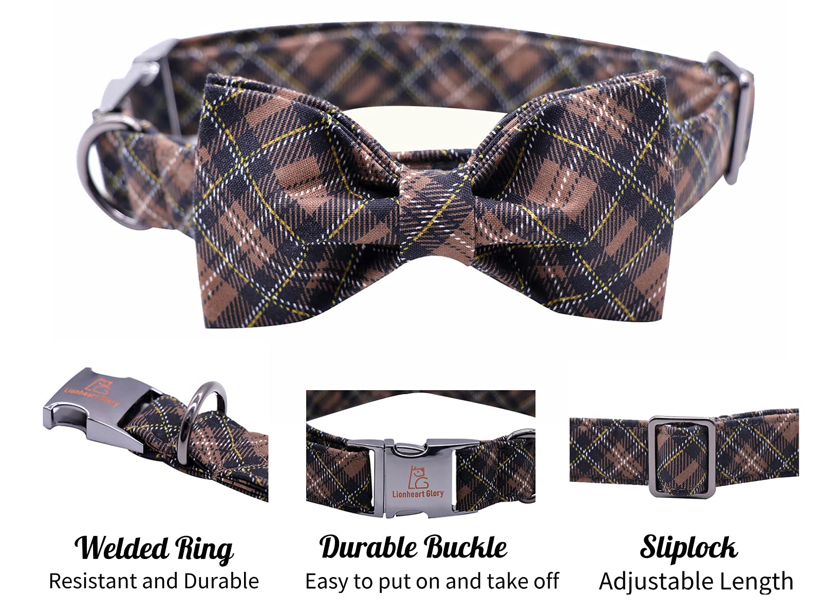 Lionheart Glory Premium Plaid Dog Collars, Bowtie Dog Collar, Adjustable Heavy Duty Dog Collar With Bow For Medium Dogs
