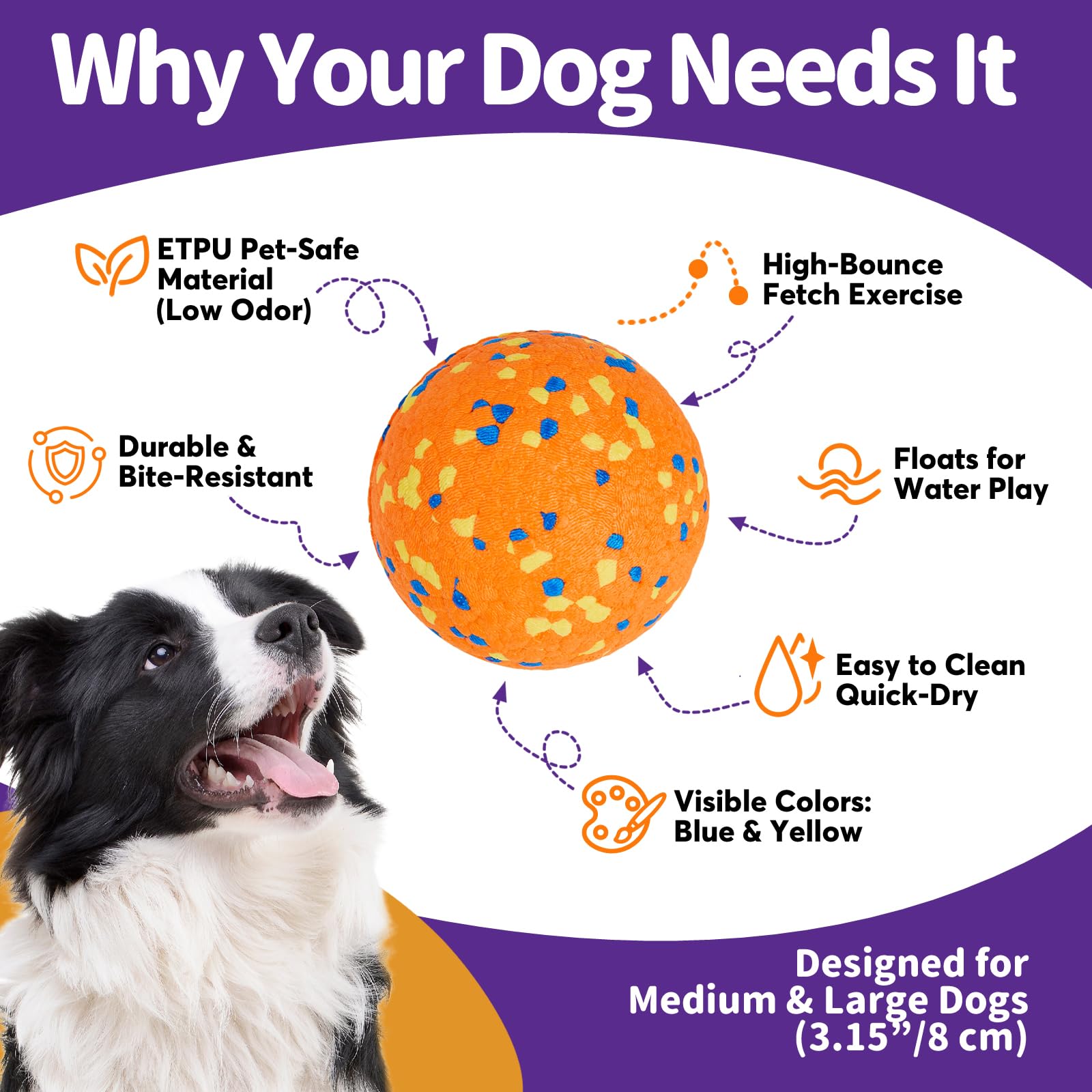 Kimee Dog Balls - Tennis Balls for Aggressive Chewers, 3.15'' Size, 3 Pack, Durable ETPU, Yellow Blue Orange