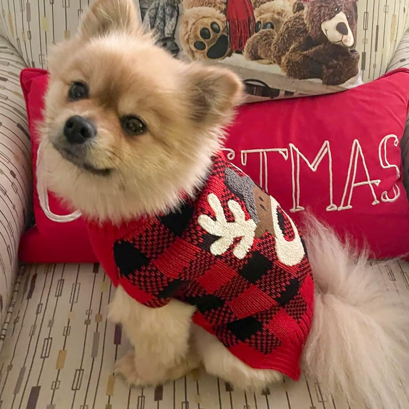 Kyeese Christmas Dogs Sweaters Reindeer Small Dog Sweaters Red Buffalo Check With Leash Hole Pet Sweater Pet Clothes,M
