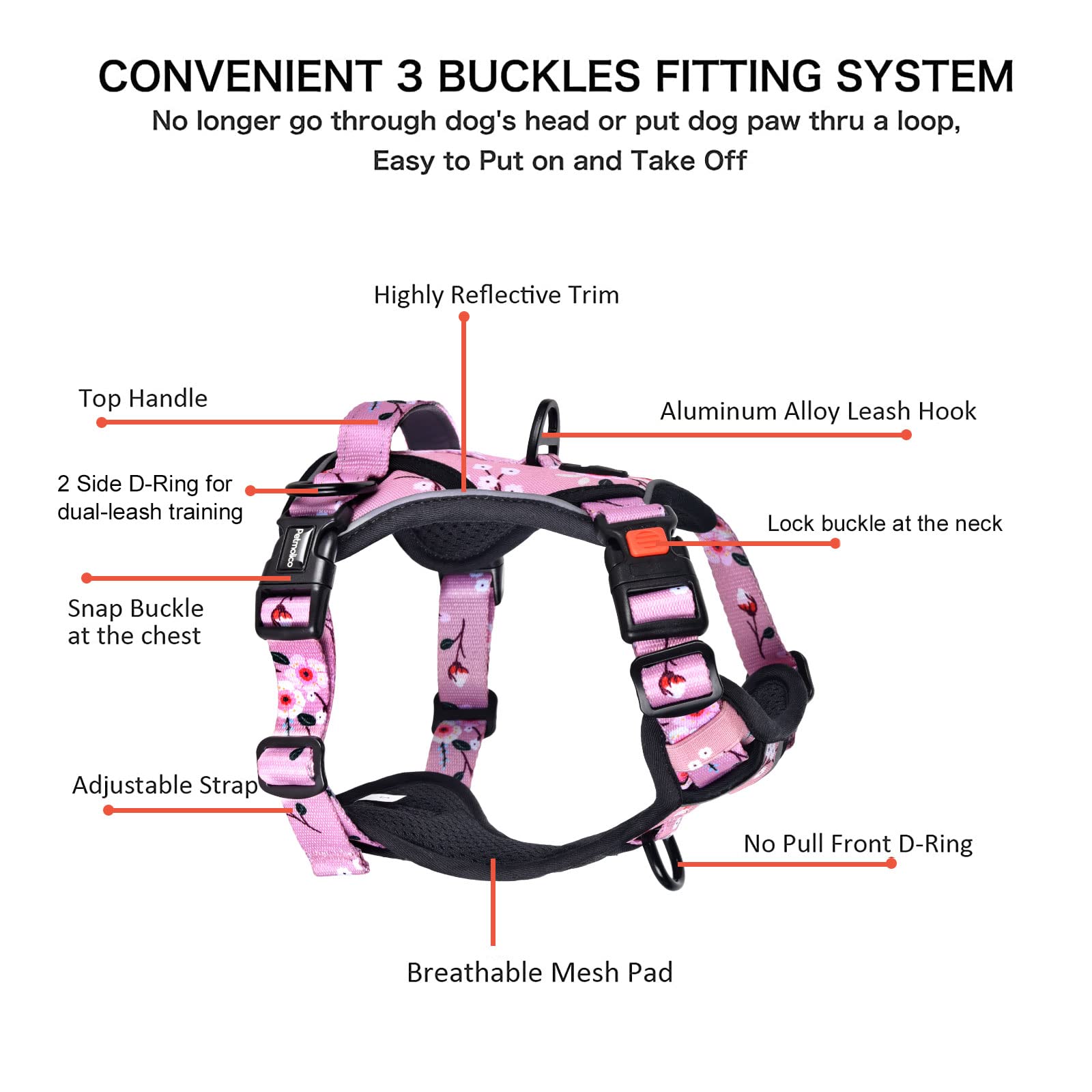 Petmolico Medium Dog Harness and Leash Set, No Choke, Soft Padded, Reflective Vest, Pink Plum, Model PT329