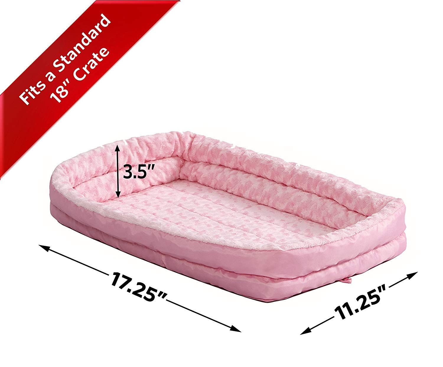MidWest Homes for Pets XXS QuietTime Double Bolster Pet Bed, Pink Plush 18-Inch Crate Mat with Stacked Bolsters, Machine Washabl