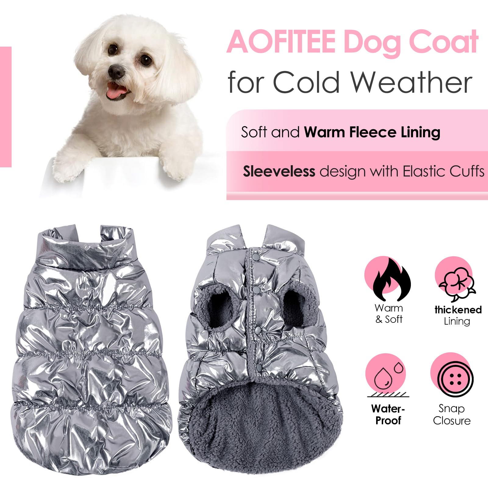AOFITEE Dog Coat - Waterproof & Warm Winter Jacket for Small & Medium Dogs, Fleece Lined, Silver