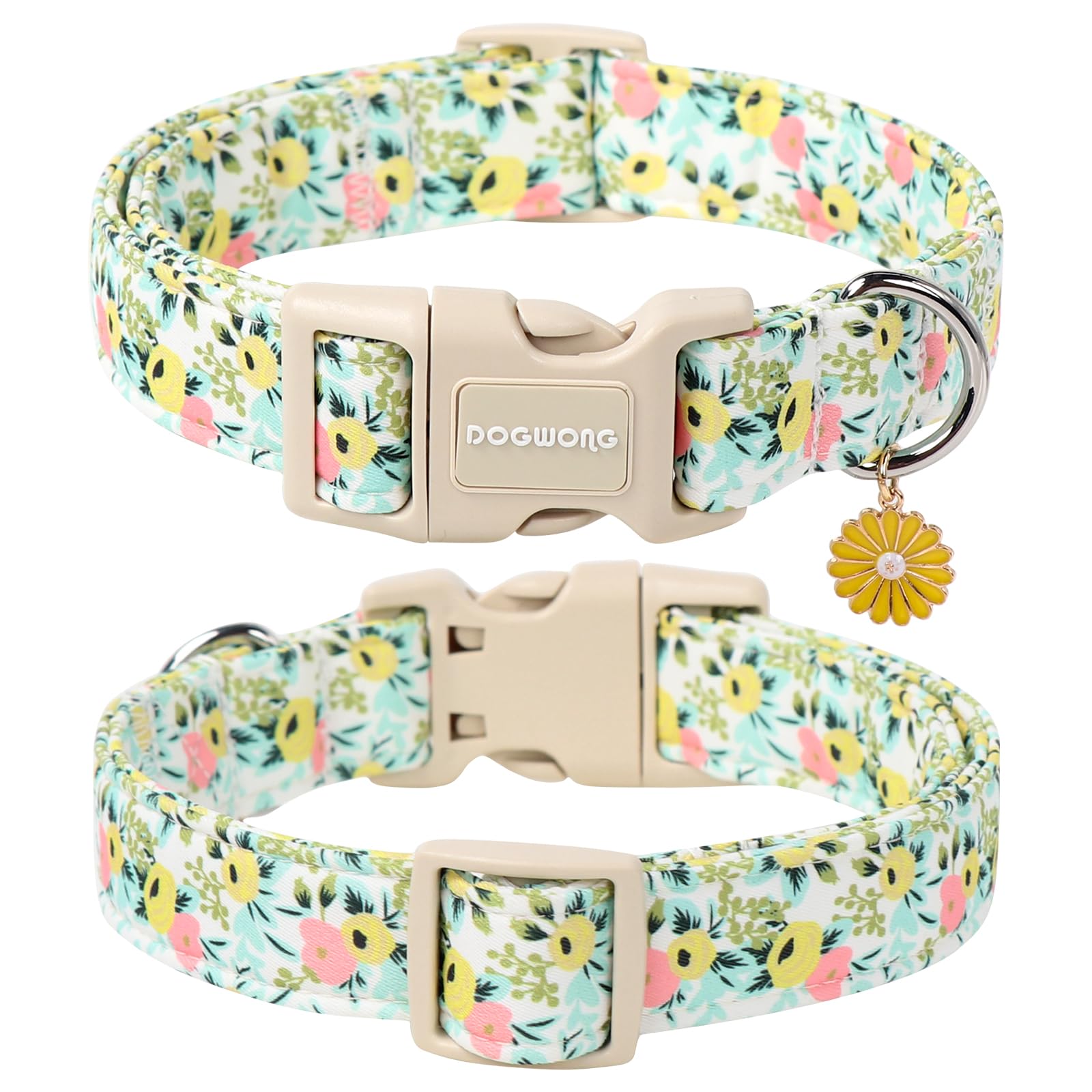 Dogwong Flower Cotton Dog Collar, Spring Summer Cute Yellow Dog Collar Durable Soft Fabric Pet Dog Collars Female Girl Necklace