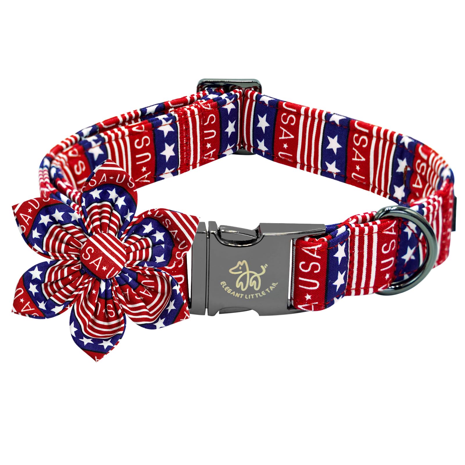 Elegant Little Tail Independence Dog Collar, Patriotic Pet Collar With Flower American 4Th Of July Pet Gift Cotton Soft Boy Girl