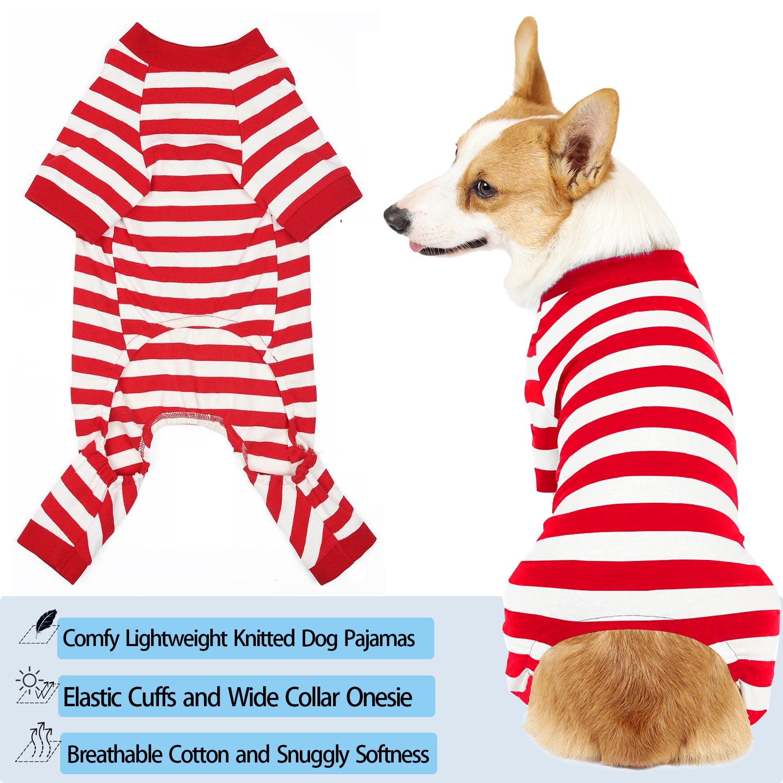 Caslfuca Dog Pajamas For Large Dogs, Cotton Thermal Dog Pjs Jumpsuit With Cover Legs Christmas Puppy Clothes, Striped Onesie Dog Suit For Small Medium Large Dogs (Large, Redwhite)