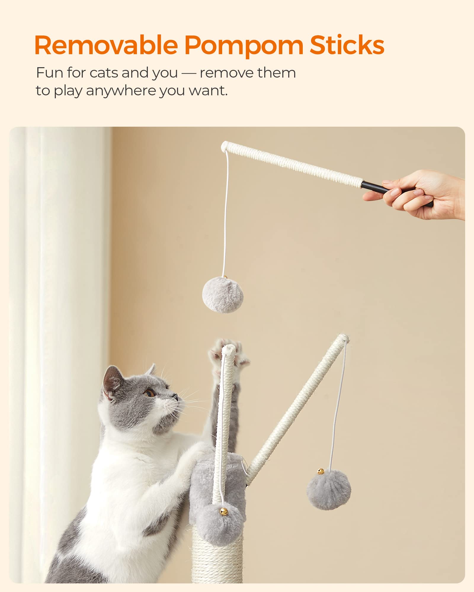 Feandrea Cat Tree, 46.5-Inch Cat Tower For Indoor Cats, Multi-Level Plush Cat Condo, Scratching Post, Ramp, 3 Removable Pompom S