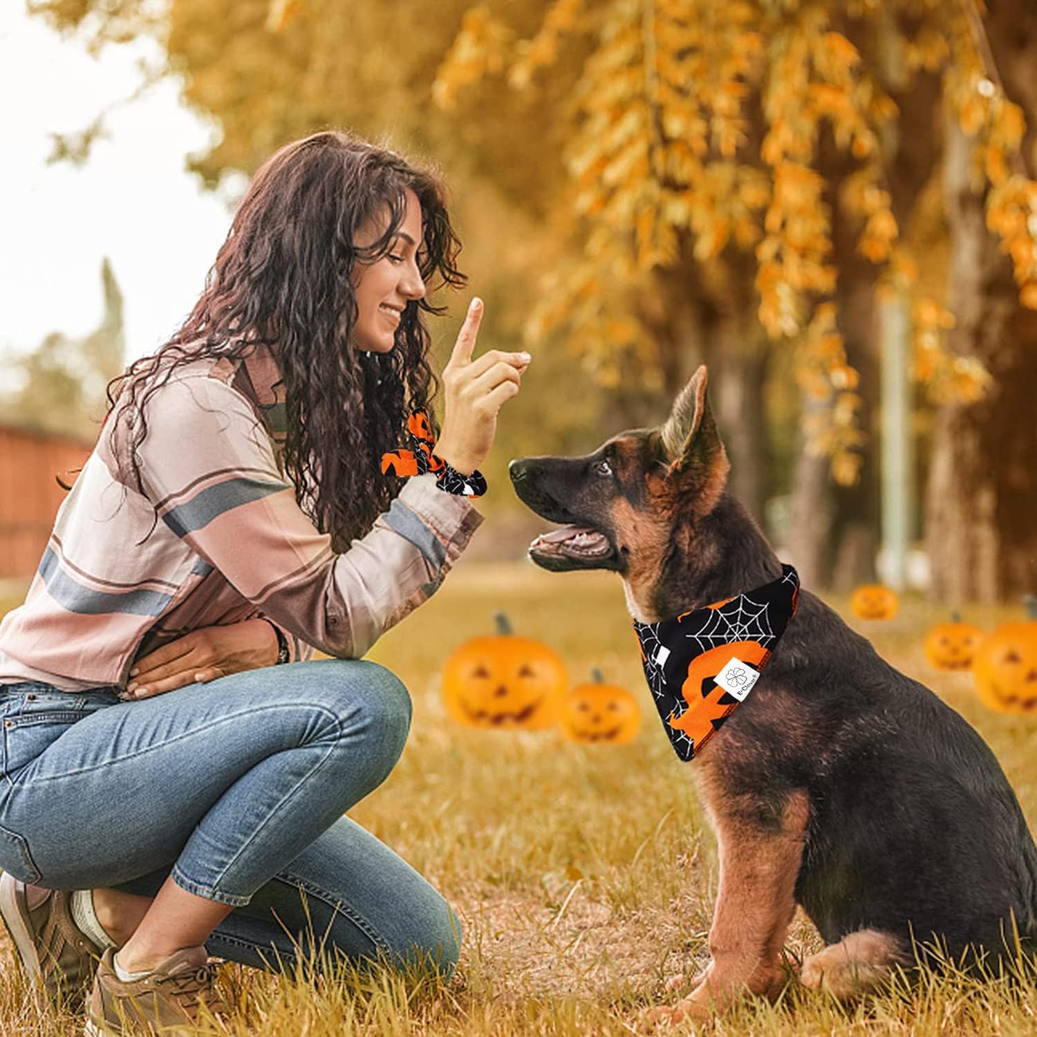 E-Clover Halloween Dog Bandanas-Pumpkin Dog Bandana Matching Scrunchie Triangle Pet Kerchief Scarf For Small Medium Large Dogs P