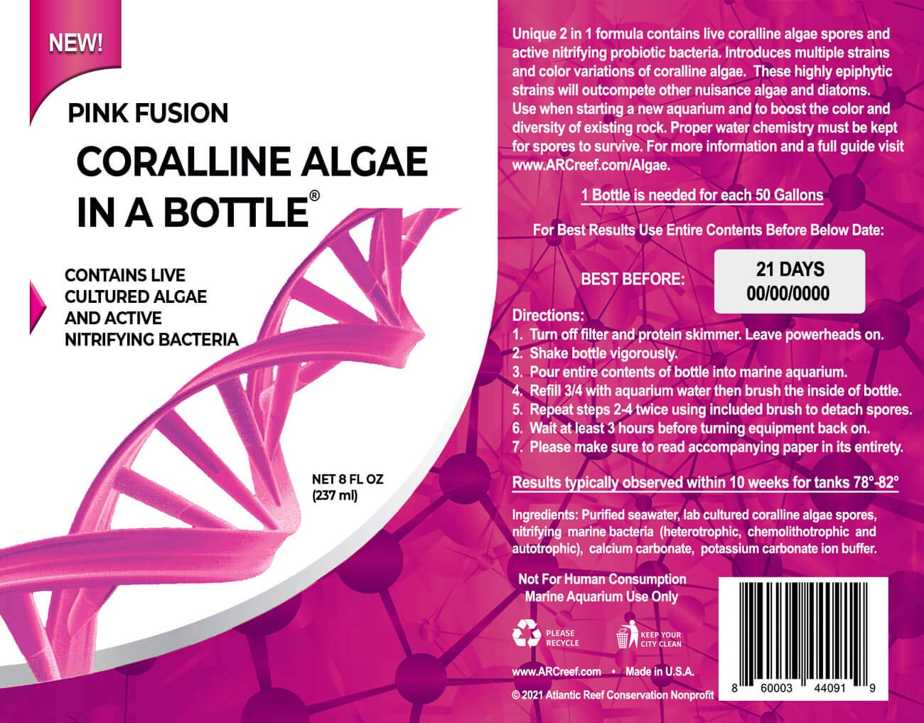 Coralline Algae in a Bottle + Nitrifying Bacteria for Saltwater Aquariums, Pink Fusion Strain