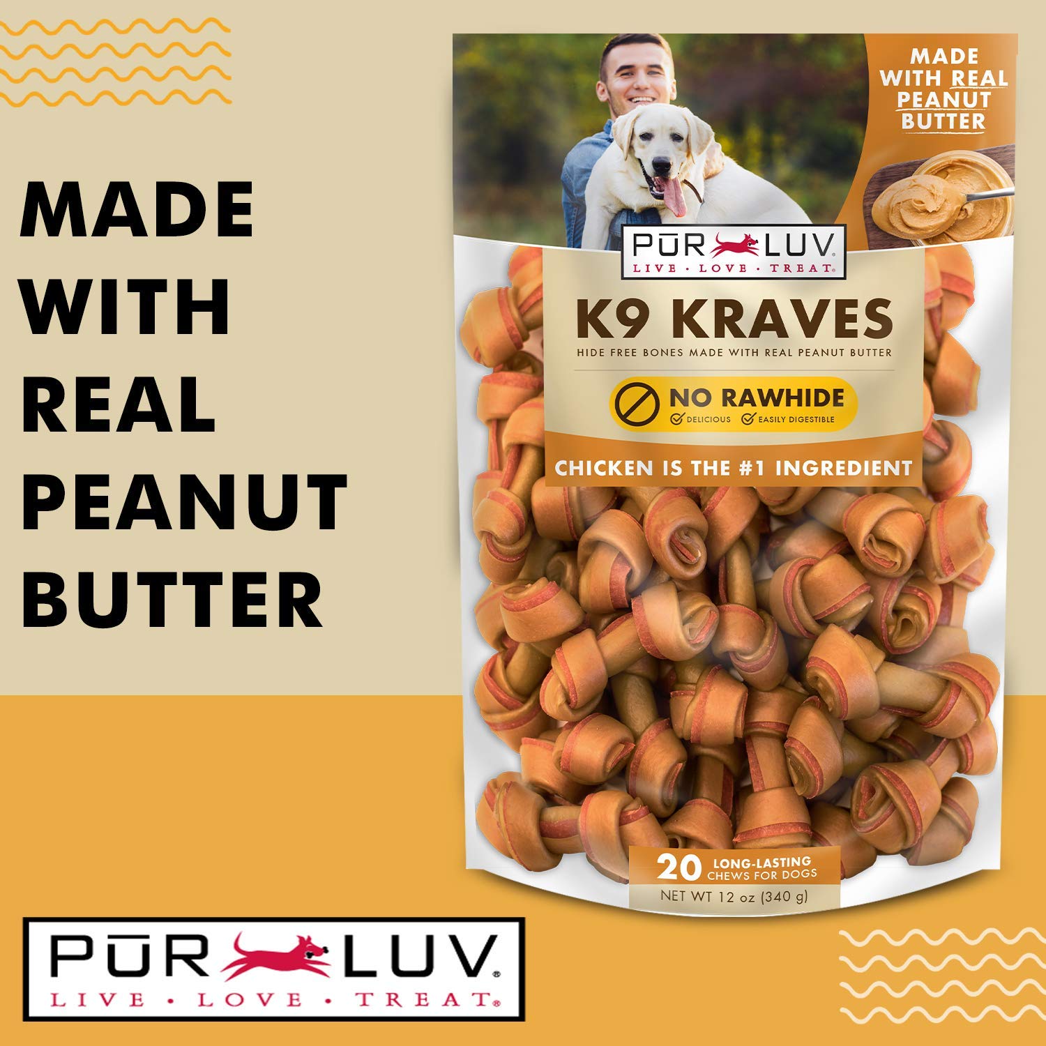 Pur Luv Dog Treats, K9 Kraves Rawhide Free Bone Dog Treat, Chicken Flavor, Made with Real Chicken, 20 Count, Healthy, Easily Dig