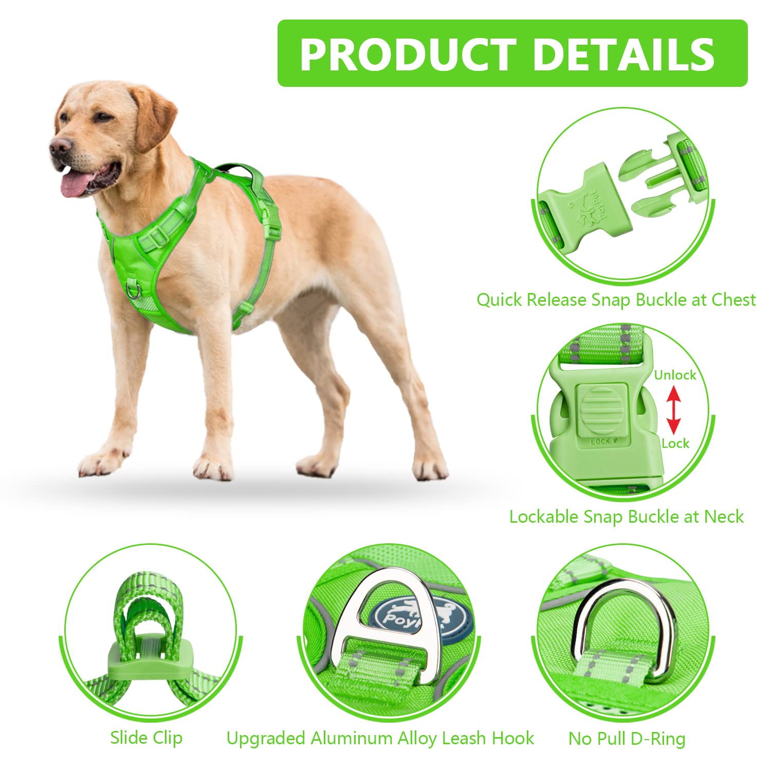 Poypet No Pull Dog Harness, No Choke Reflective Dog Vest, Adjustable Pet Harnesses With 2 Leash Attachments With Easy Control Padded Handle For Small Medium Large Dogs(Green Matching Trim,Xl)