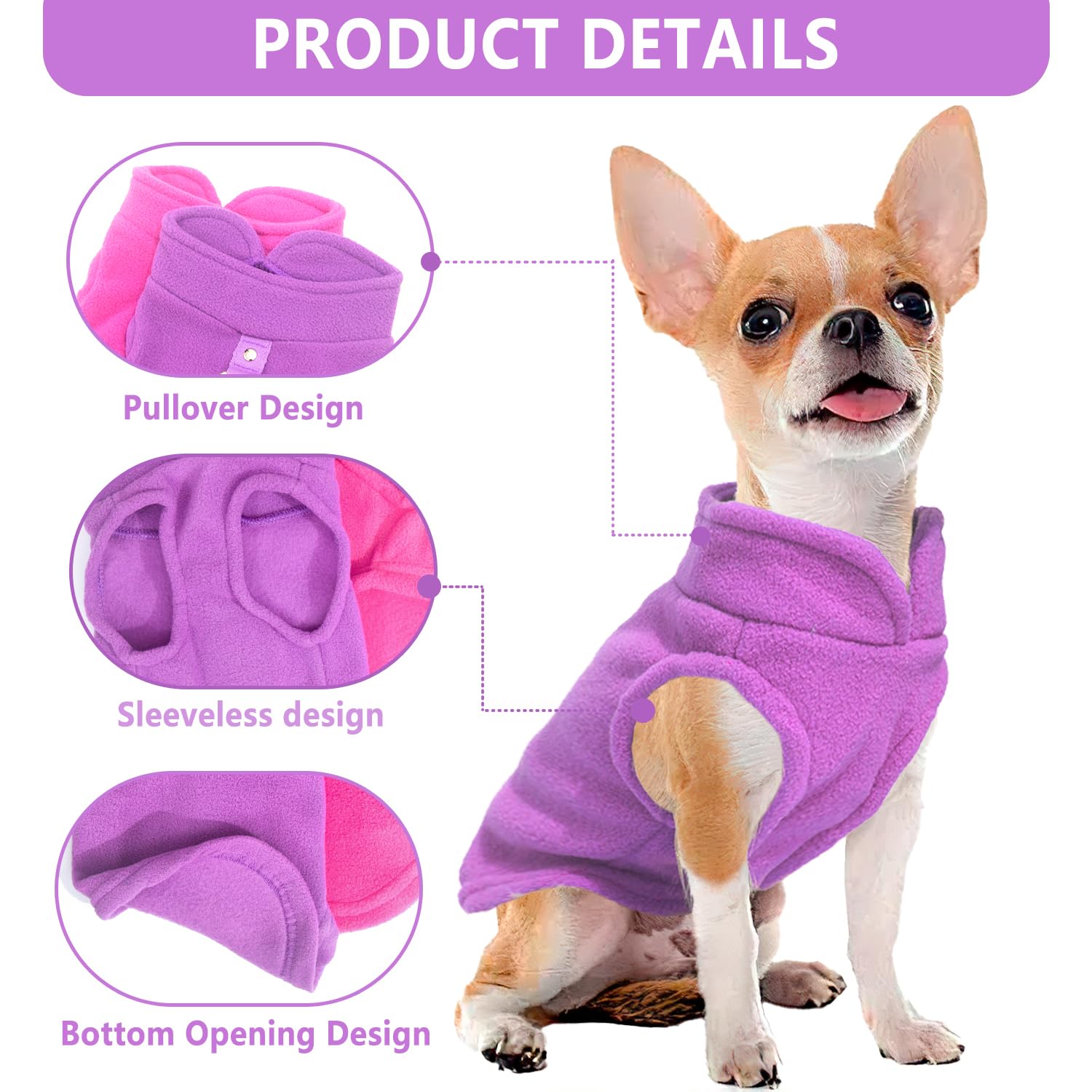 2-Piece Fleece Dog Sweater Vest & Pullover for Small Dogs - Warm Winter Coat with D-Ring (Rose, Purple, Large)