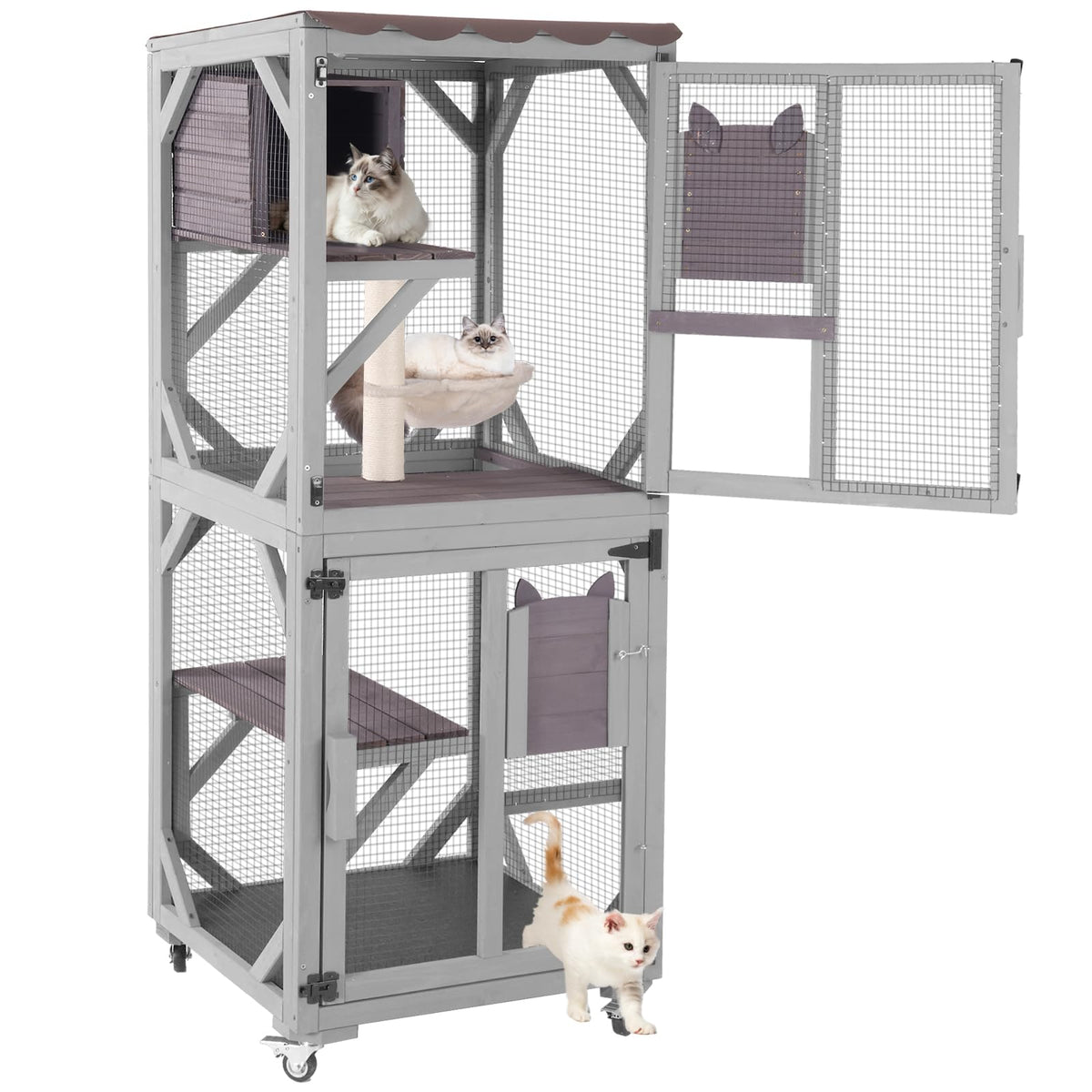 Catio Outdoor Cat Enclosure, 4 Tiers Outdoor Cat House With Wheels, Kitty Cages Indoor Large Window Catio -Waterproof Roof