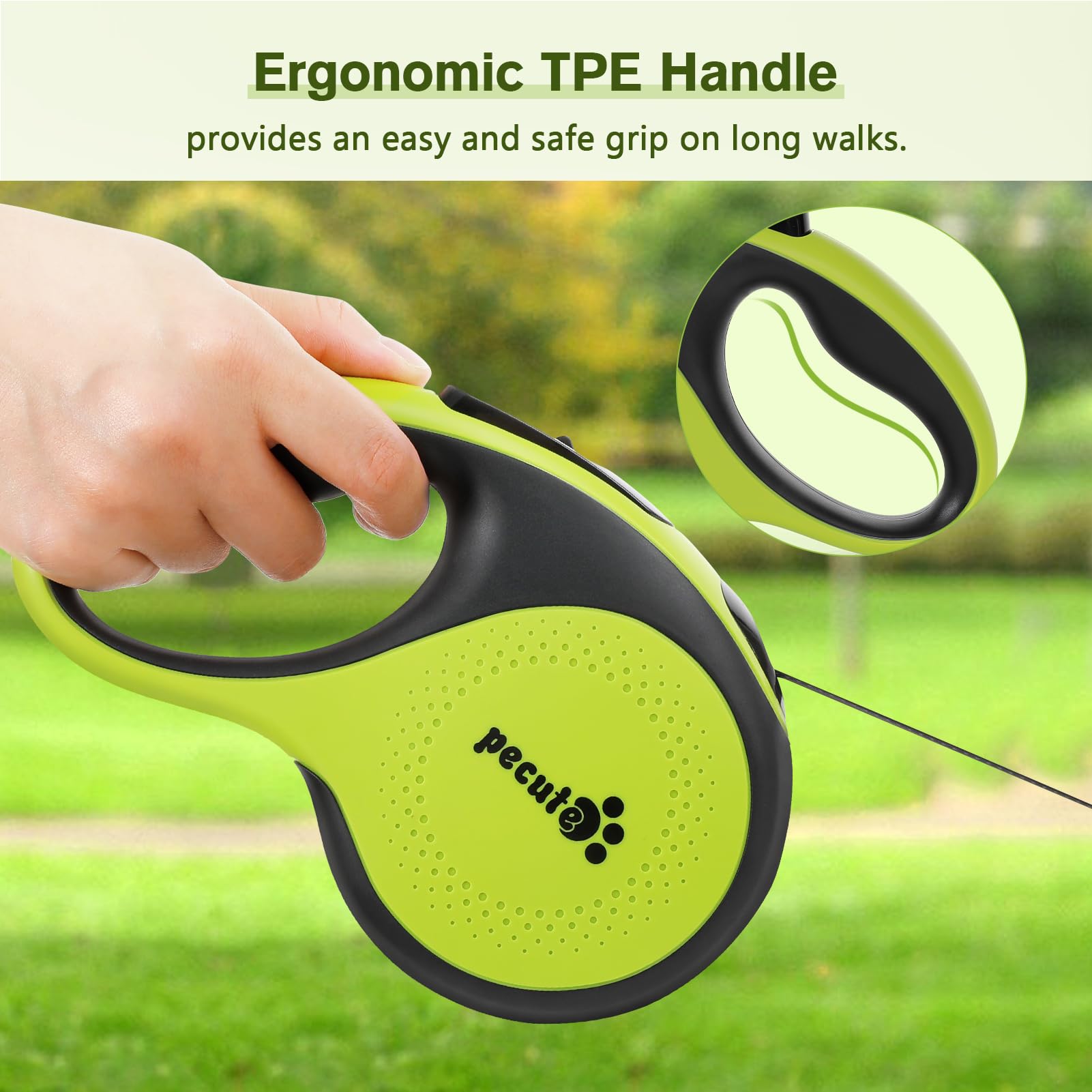 Pecute 16 ft Heavy Duty Retractable Dog Leash, Large, Nylon, Green with LED Light, Model PRL-L5M01, 360° Tangle-Free, Up to 110