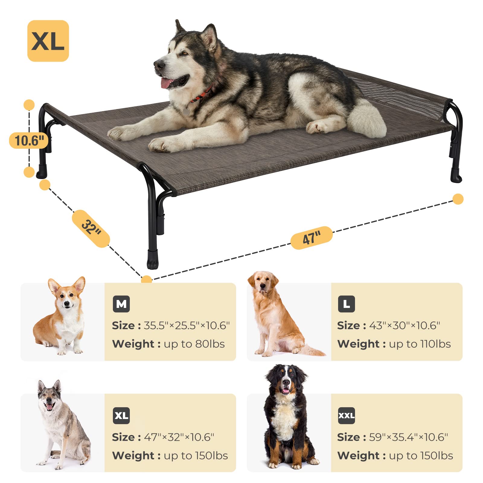 Veehoo Elevated Dog Bed, Outdoor Raised Dog Cots Bed For Large Dogs, Cooling Camping Elevated Pet Bed With Slope Headrest For Indoor And Outdoor, Washable Breathable, X-Large, Brown, Cwc2204