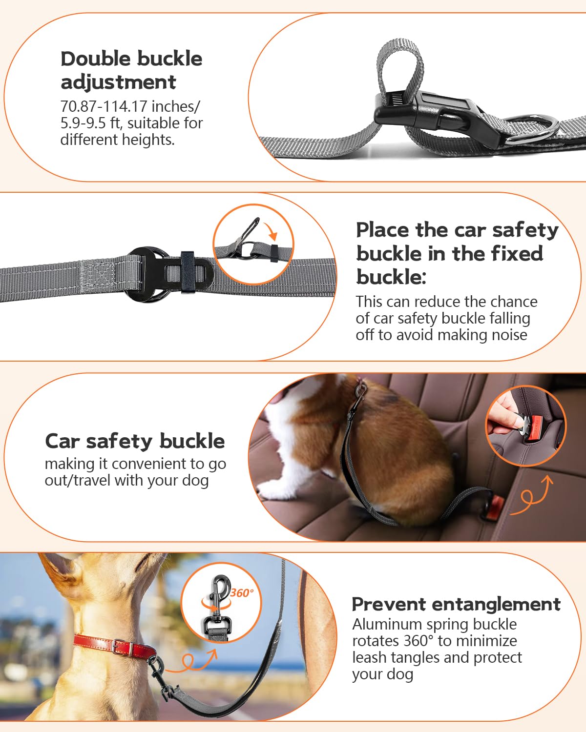 Wanfire Hands Free Dog Leash, Multifunctional Crossbody Heavy Duty Dog Leash, 9.5 Ft Long Waist Belt With Car Safety Buckle For