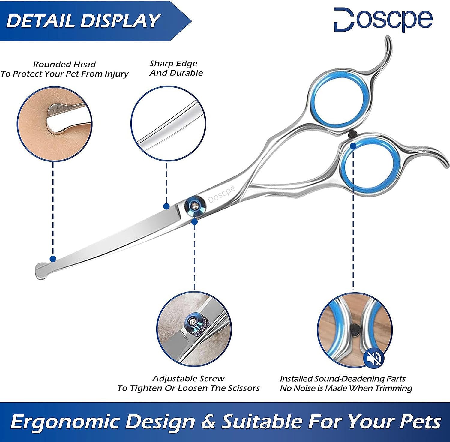 Doscpe Curved Dog Grooming Scissors 7.28 Inches Round Tips Pet Grooming Shears For Dog Cat On Face Paw Hair Trimming Right Left