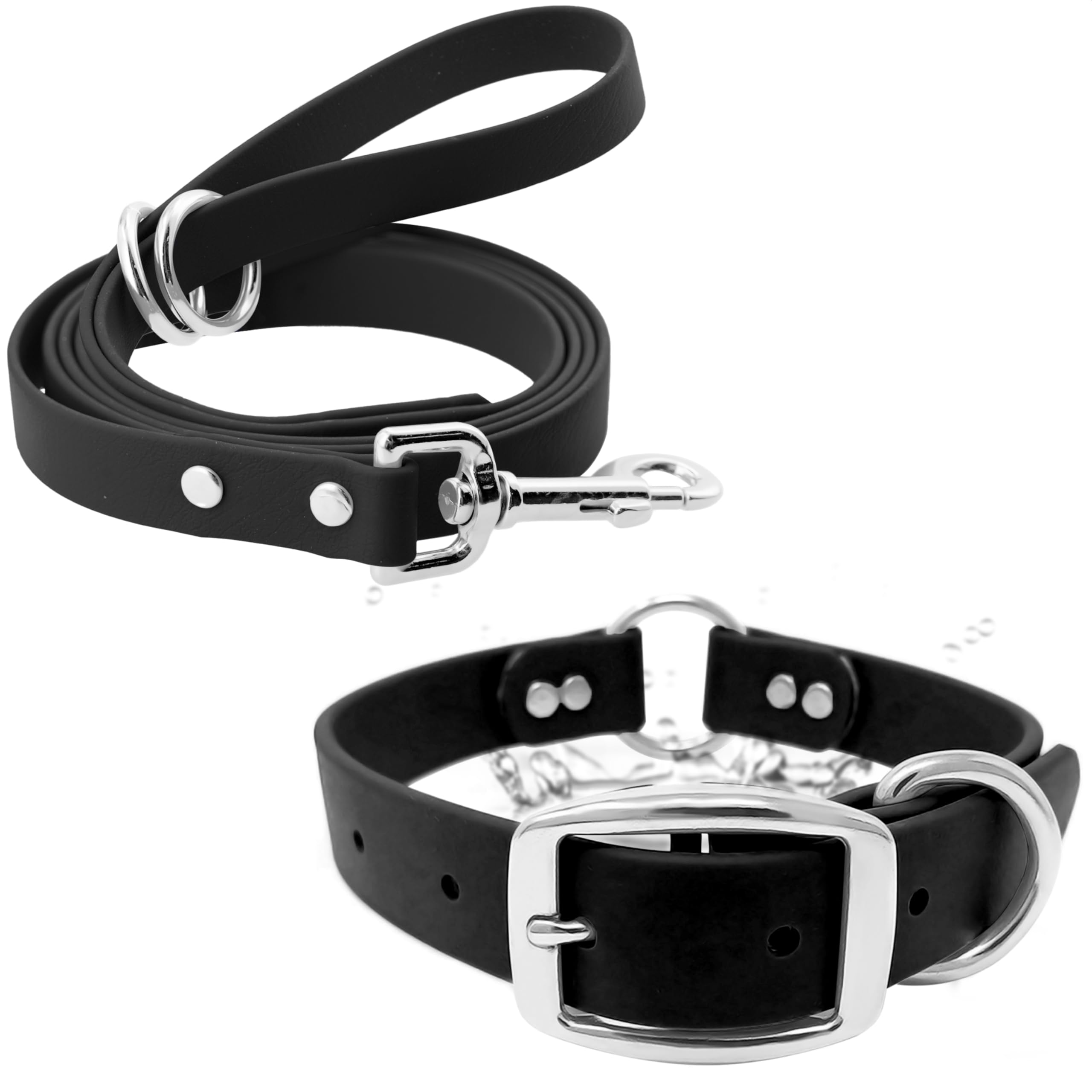 Regal Dog Products Medium Black Waterproof Dog Collar And Leash Set - Vinyl Coated Biothane Pet Training Collar With Heavy Duty 