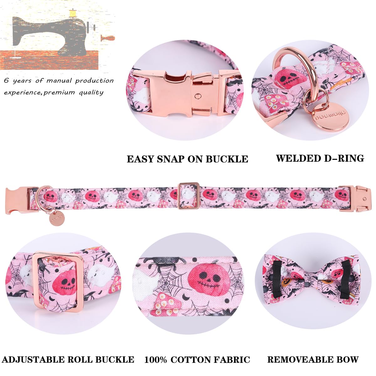 Dogwong Fall Dog Collar With Bowtie - Pink Fall Dog Collar Soft Cotton Autumn Dogs Necklace - Halloween Puppy Necklace For Small