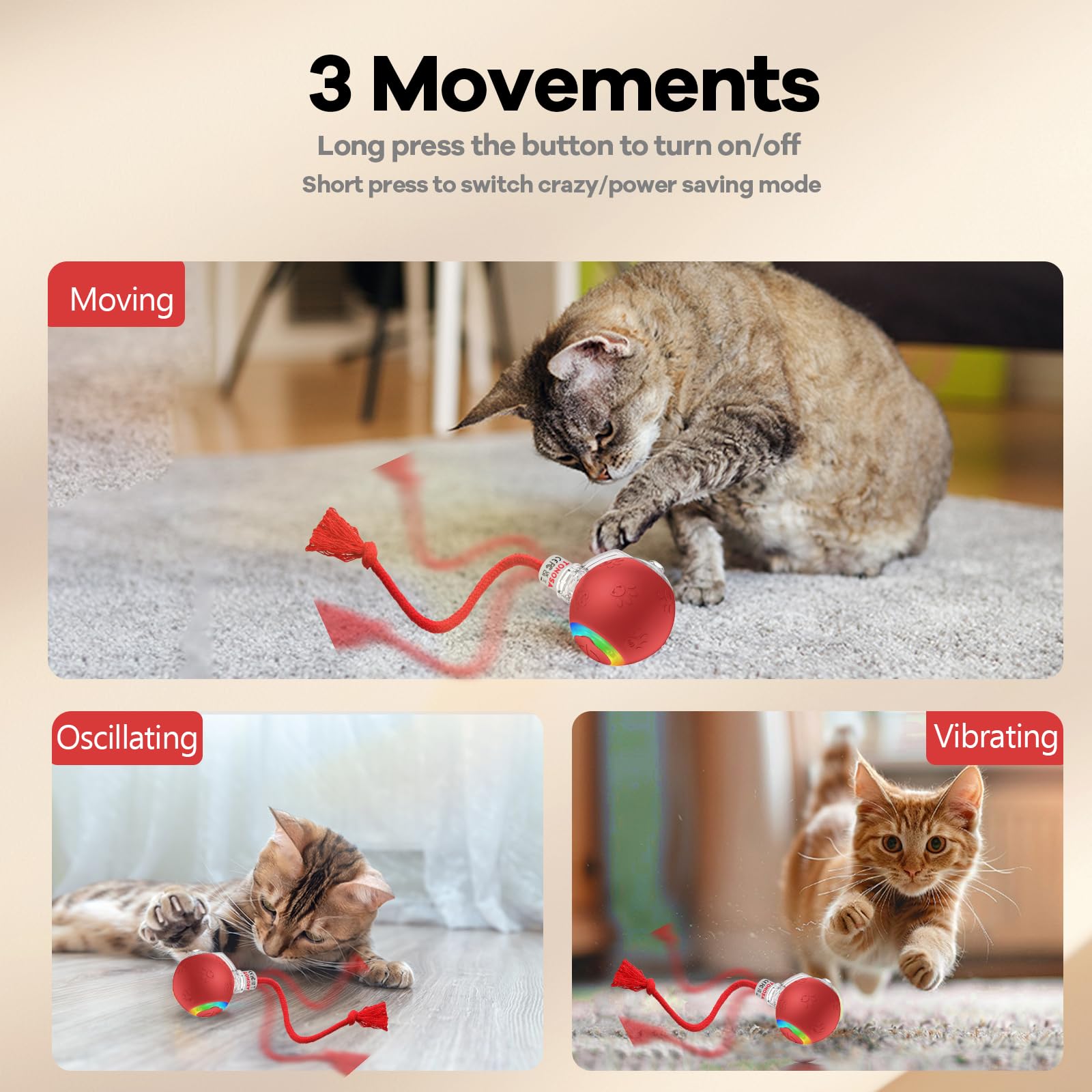 Tonosa Interactive Cat Toys For Bored Indoor Cats - Motion Activated, Rgb Lighting, 2 Speed Settings & 3 Modes - For Cats & Kitt