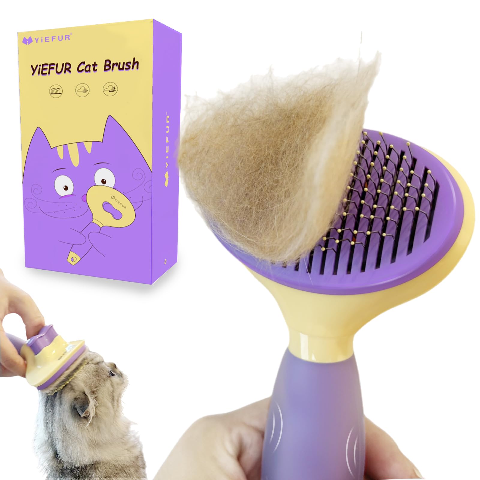 Cat Brush For Grooming And Shedding, Self-Cleaning Silicone Brush For Short And Long Haired Cats, Cat Gifts For Pet Lovers (Purp