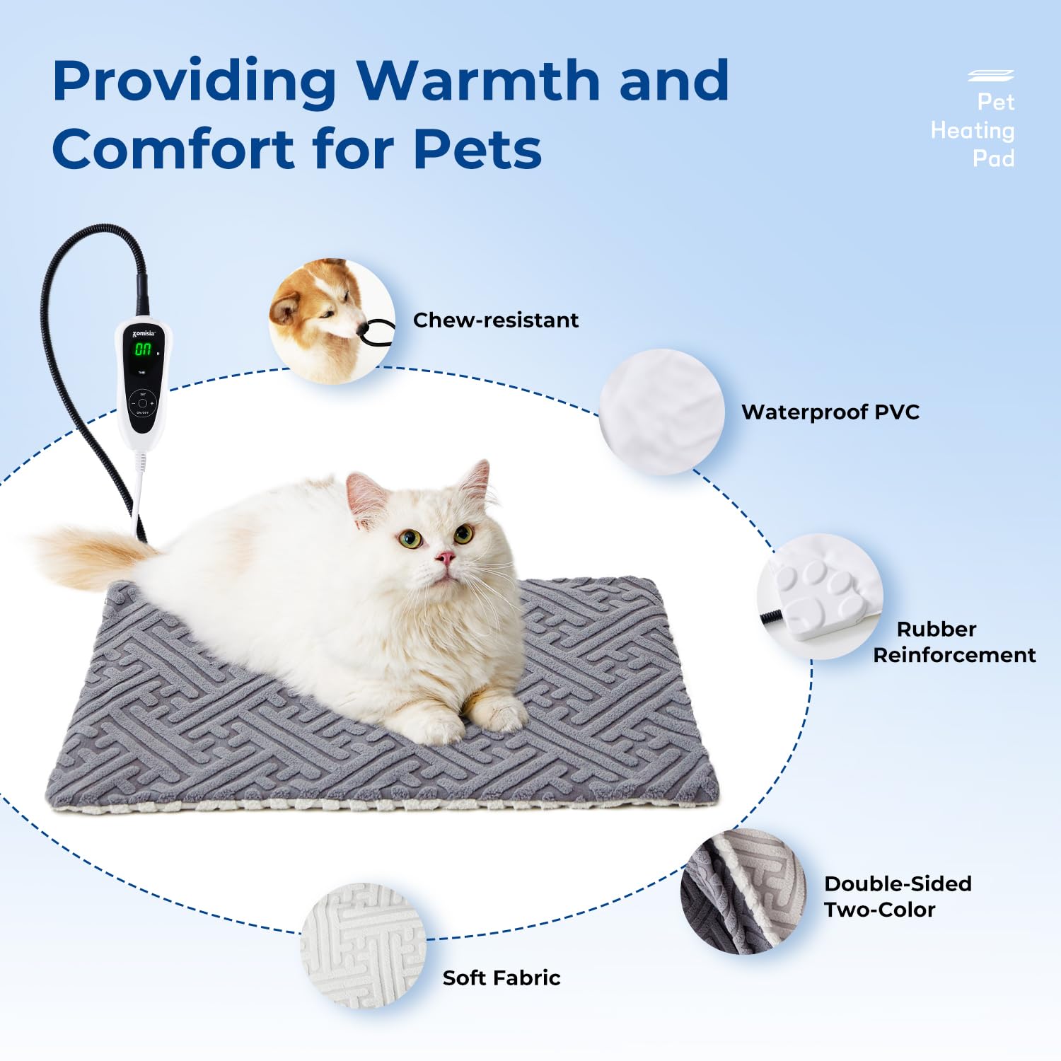 ZOMISIA Large Dog Heating Pad - 32x20 Inch, Waterproof, 11 Temp Settings, Grey, XXLarge