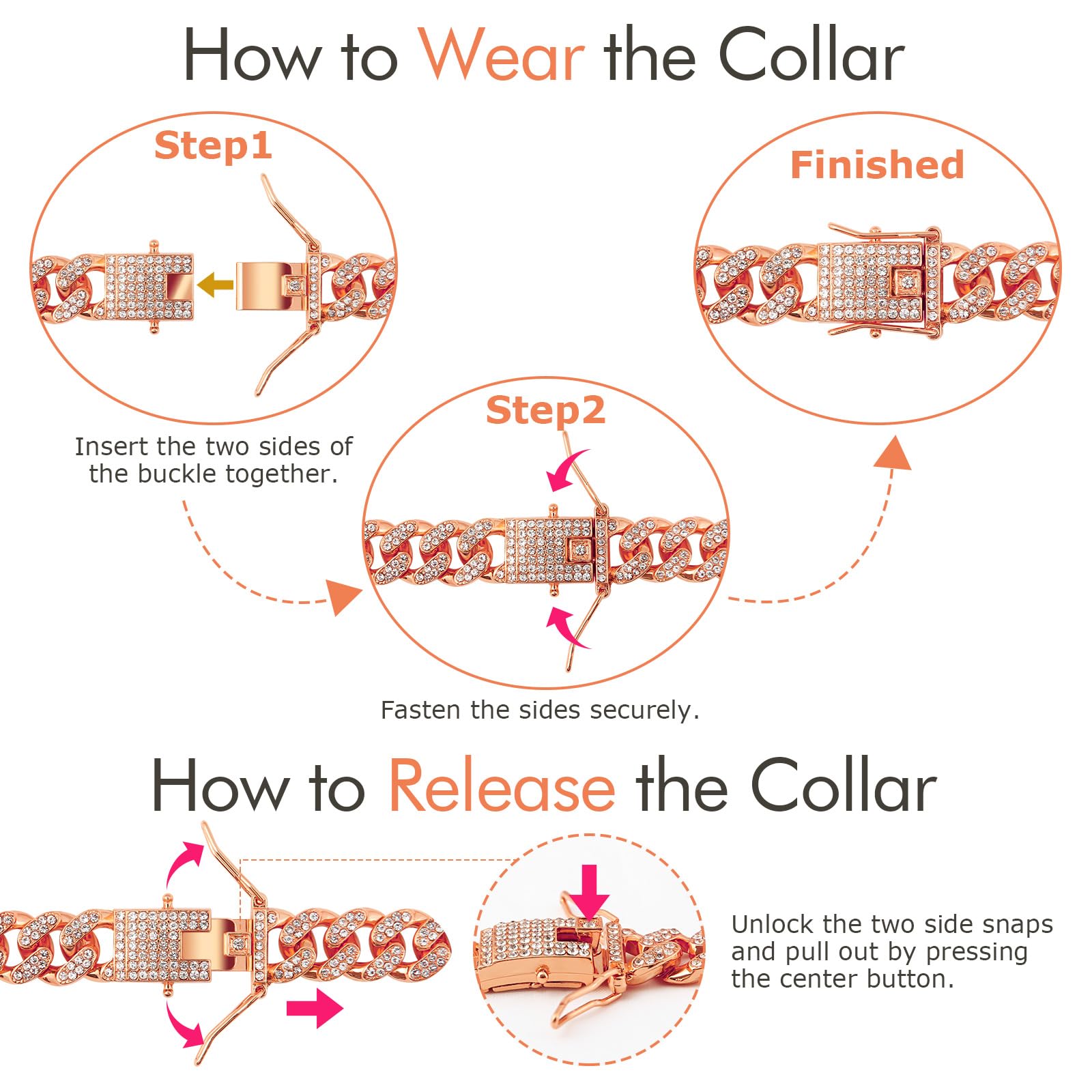 Cuban Link Dog Collar Rose Glod Crystal Dog Necklace Metal Chain Collar With Design Secure Buckle Pet Collar Jewelry Accessories