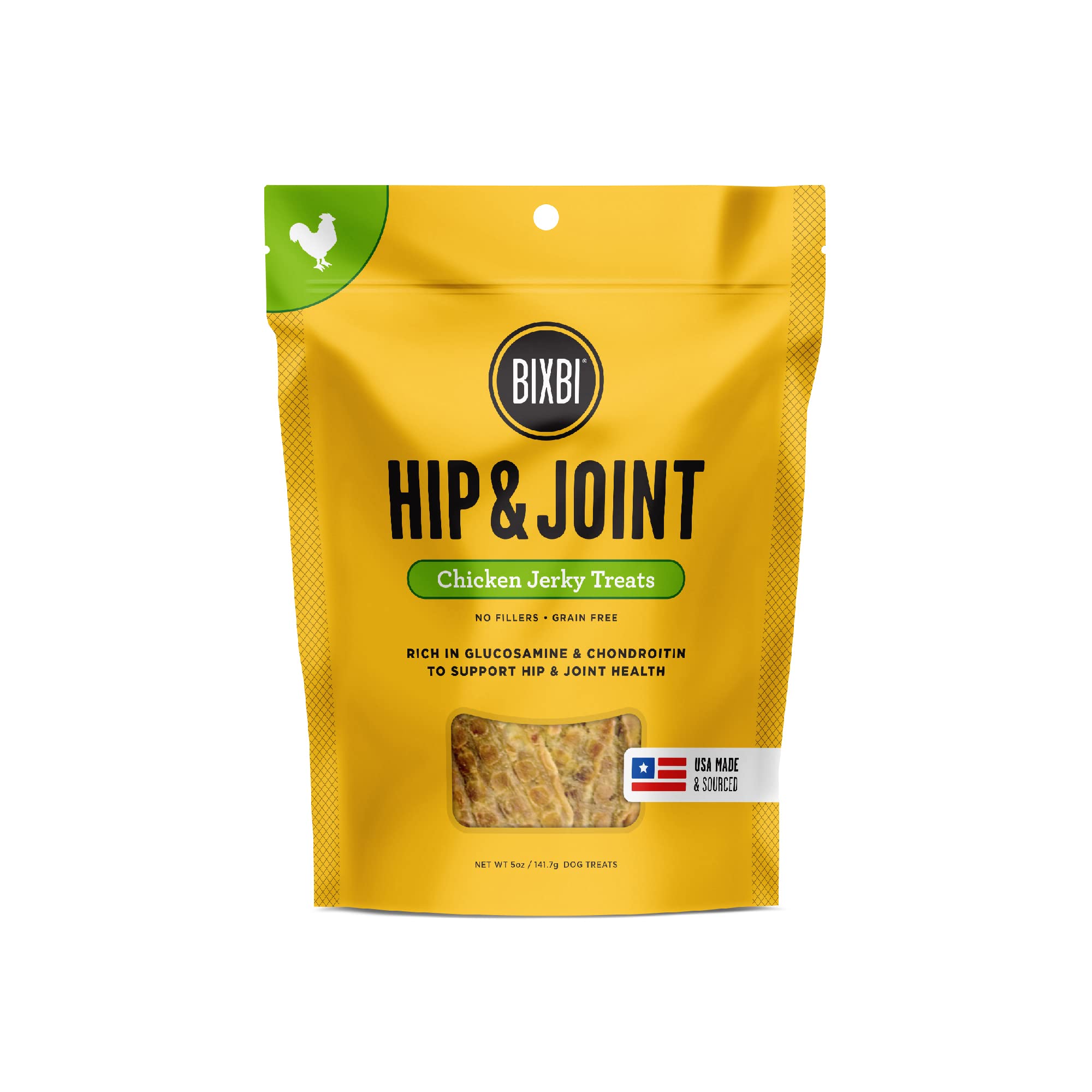 BIXBI Hip & Joint Support Chicken Jerky Dog Treats, 5 oz - USA Made Grain Free Dog Treats - Glucosamine, Chondroitin for Dogs - 
