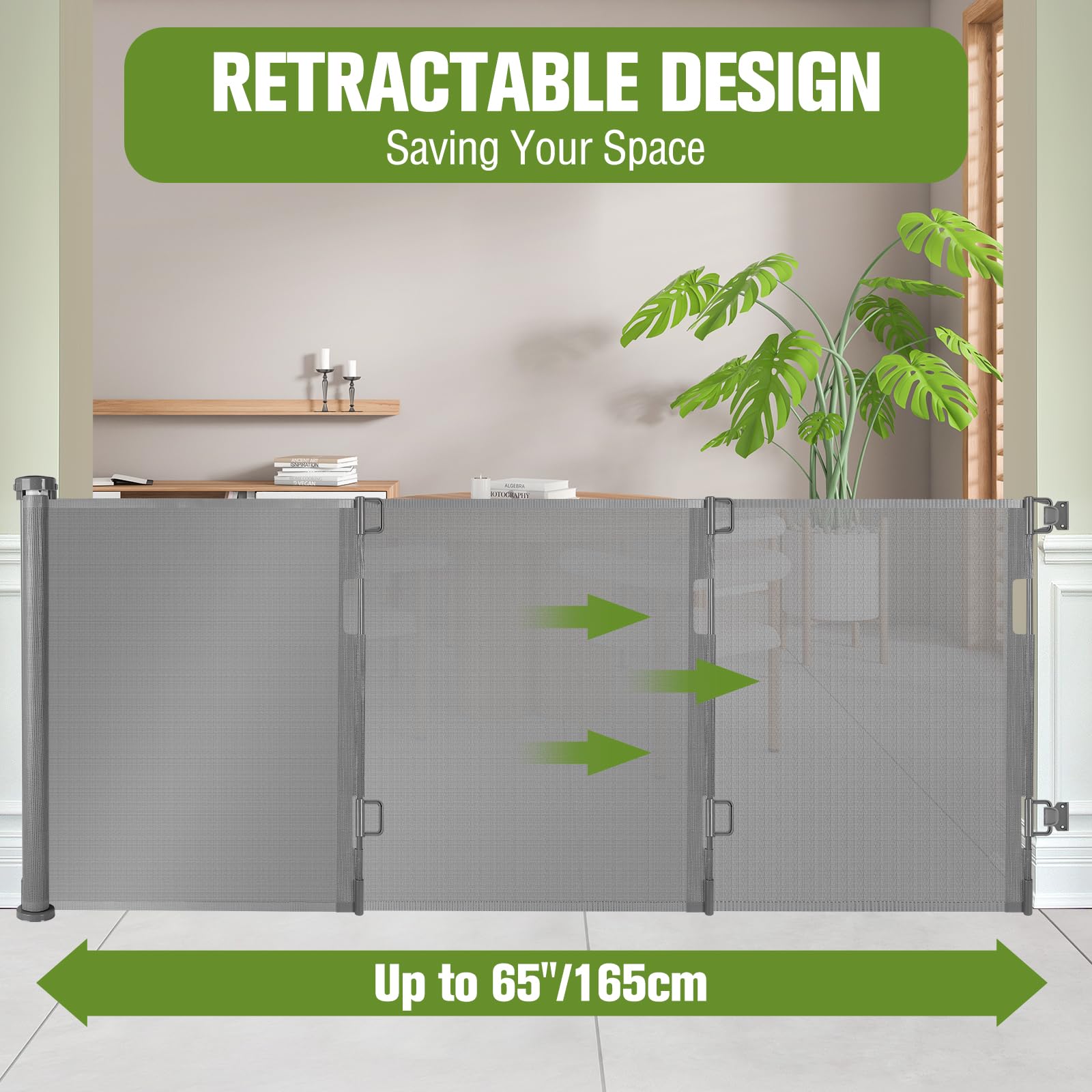 Retractable Baby Gates 65' Wide Baby Gate For Stairs Retractable Dog Gate Indoor Mesh Baby Gate Outdoor Retractable Gate Stair Gates For Kids Or Pets Child Gate Dog Gates For Doorways, Decks, Gray