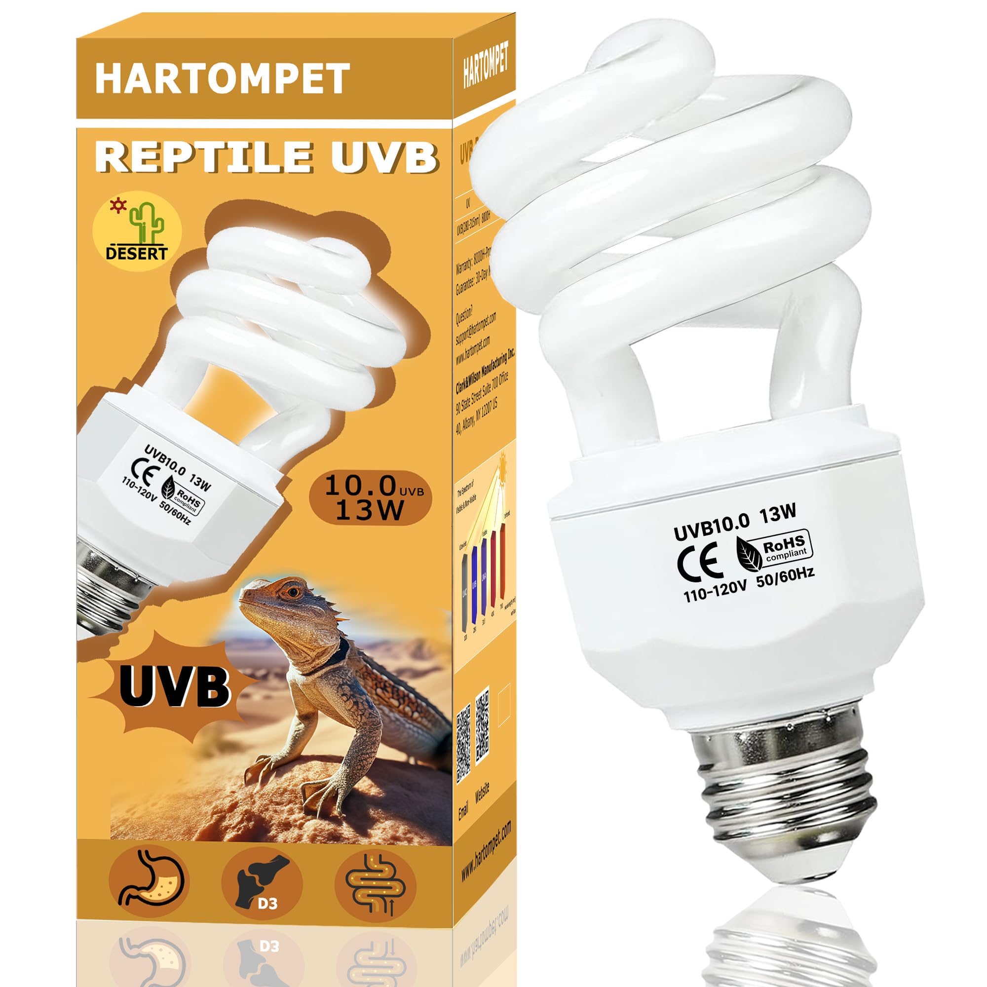 Hartompet Uvb 10.0 Reptile Light 13W, Compact Fluorescent Desert Lamp, High-Output Coil Uvb Bulbs For Terrarium Tanks, Suitable 