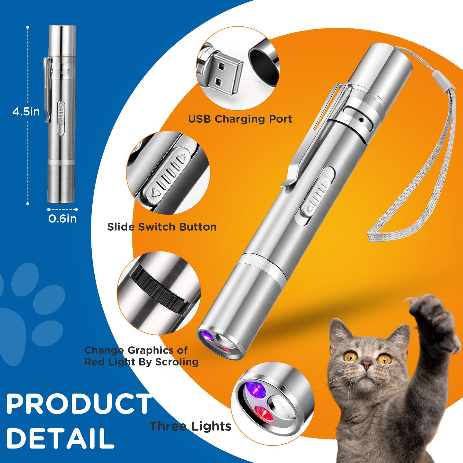 Koackl Kocal Cat Toy Pointer For Indoor, Usb Rechargeable Toy, 3 Light Colors Cat Interactive Toys For Dogs, Cats, Pet Chase Toy