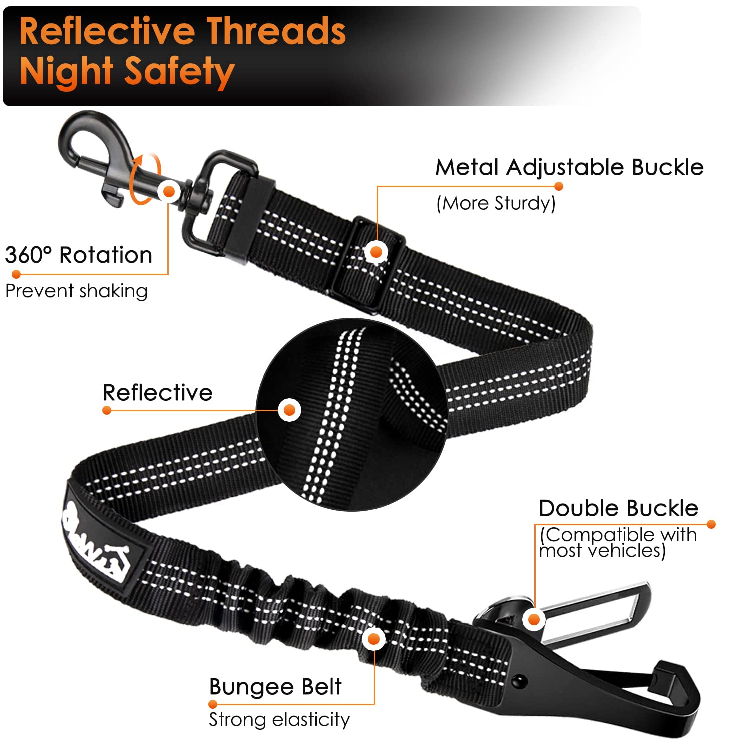 Slowton Dog Seat Belt, Adjustable Dog Safety Belt Leash, 2 In 1 Latch Bar Attachment Dog Car Seatbelt With Elastic Nylon Bungee Buffer, Reflective Nylon Belt Tether Connect To Dog Harness(Bl,35.5In)