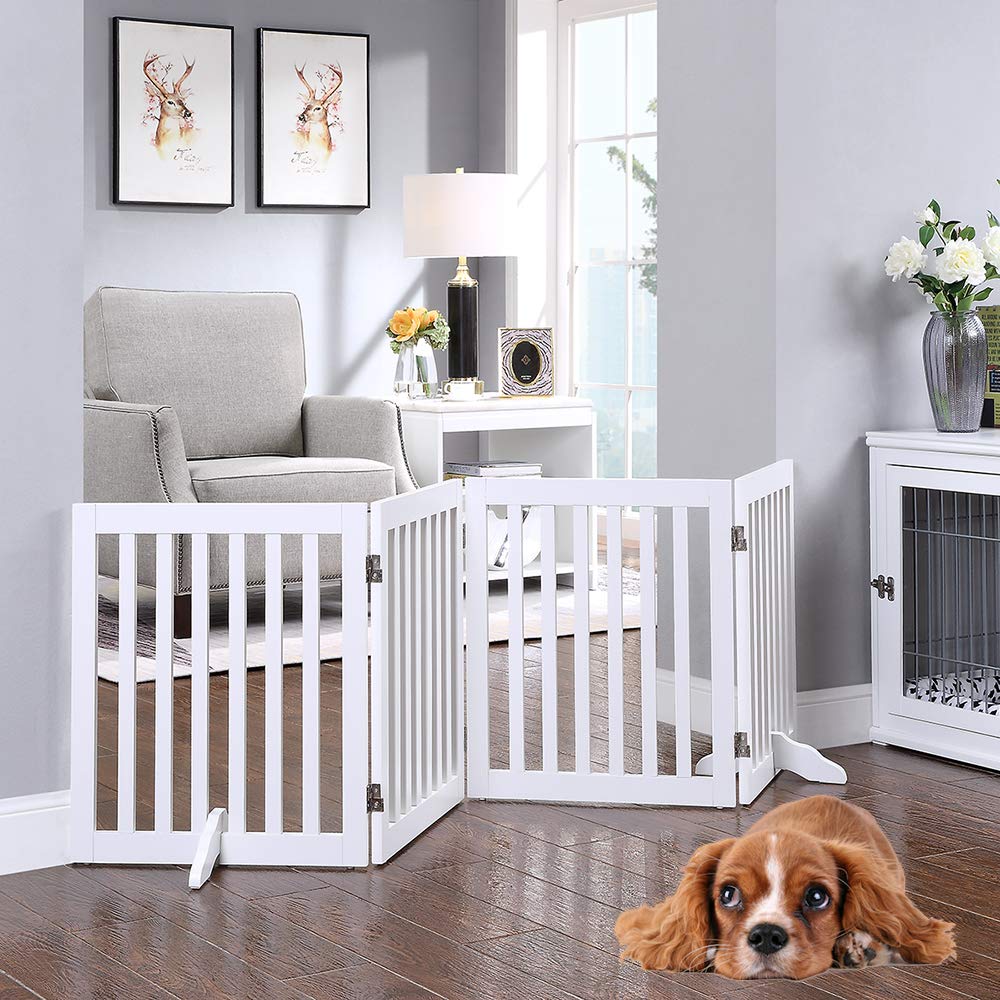 Unipaws 24? Free Standing Pet Gate For Dog Cat Baby, Wooden Dog Gates For Doorway, Stairs, Step Over Foldable Pet Fence For The House, Expandable Dog Barrier, Indoor Use, White