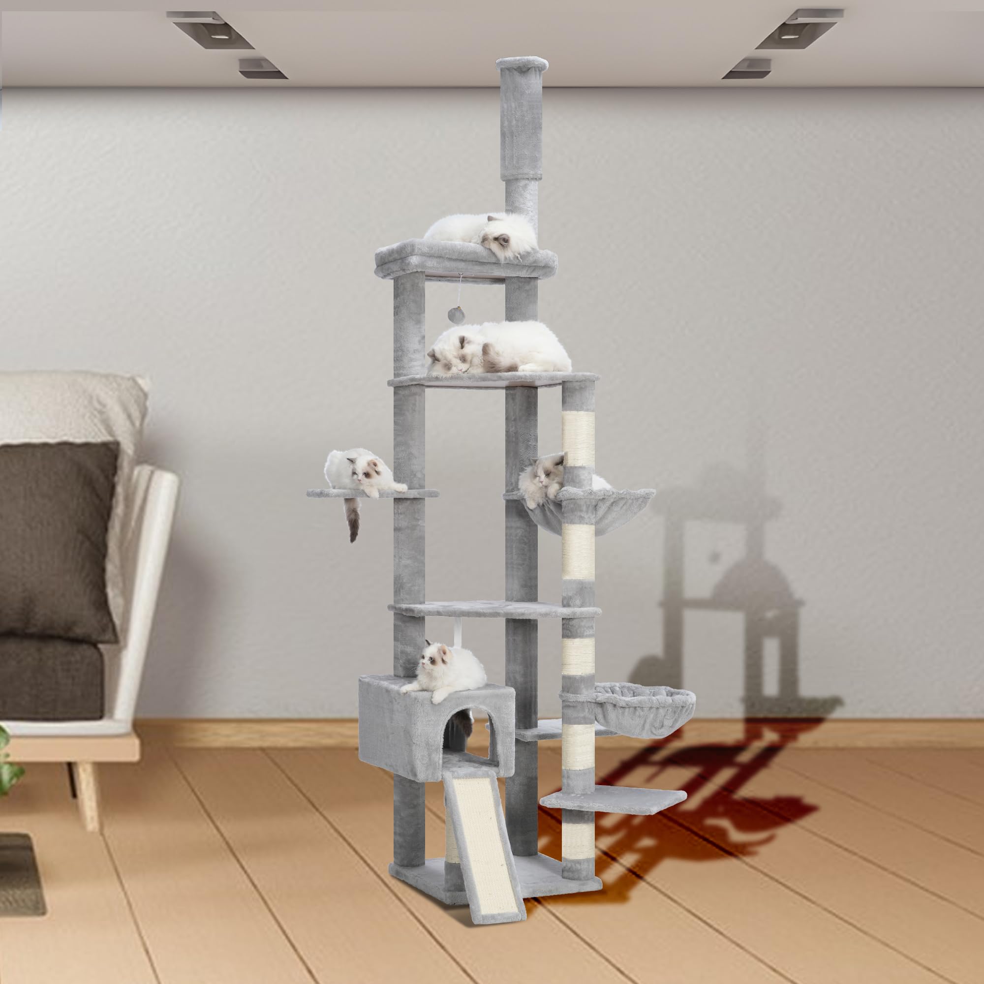 Hebly Cat Tree 92.5-104.3 Inches With Hammock, Floor To Ceiling Cat Condo,Tall Cat Climbing Tower Adjustable With Scratching Pos