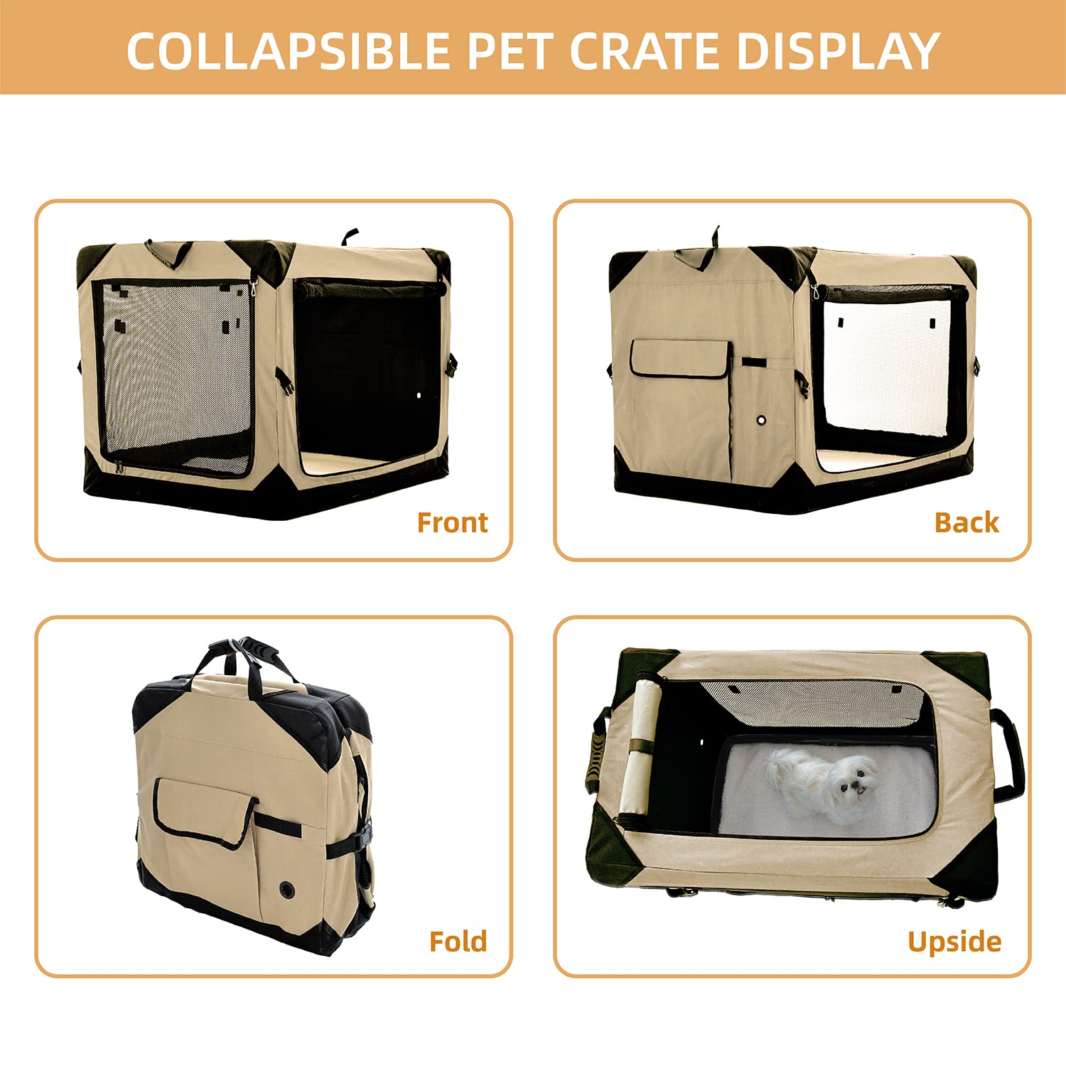 Pettycare 42 Inch Collapsible Dog Crate For Large Dogs, 4-Door Foldable Soft Dog Kennel With Chew Proof Mesh Windows, Indoor & Outdoor Travel Dog Crate, Soft Side Dog Crate,Beige