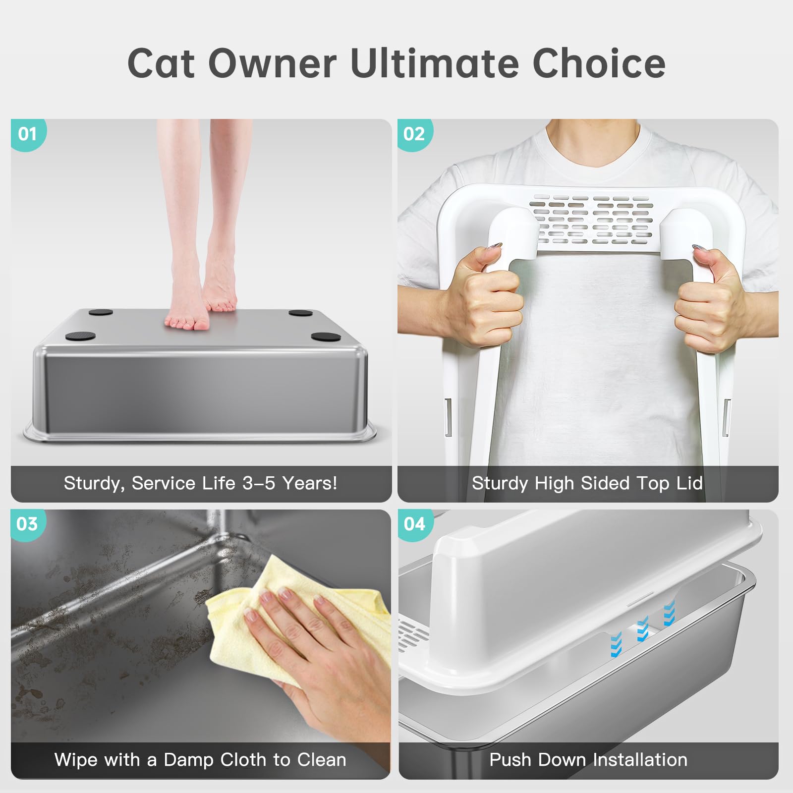 Woofigo Stainless Steel Cat Litter Box With Lid, Xl Metal Litter Box For Big Cats, Extra Large Litter Box With High Sides, Never Absorbs Odors, Non-Sticky, Easy Clean, Anti-Urine Leakage, With Scoop