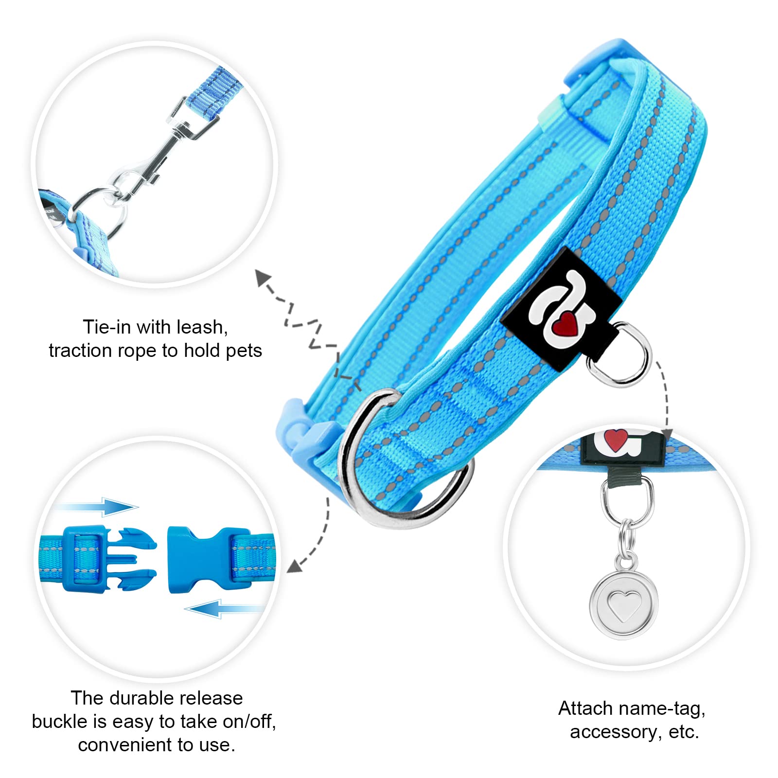 Azuza Reflective Dog Collar,Soft Neoprene Padded Pet Collar With Id Tag Ring,Adjustable For Small Dogs,Sky Blue,S