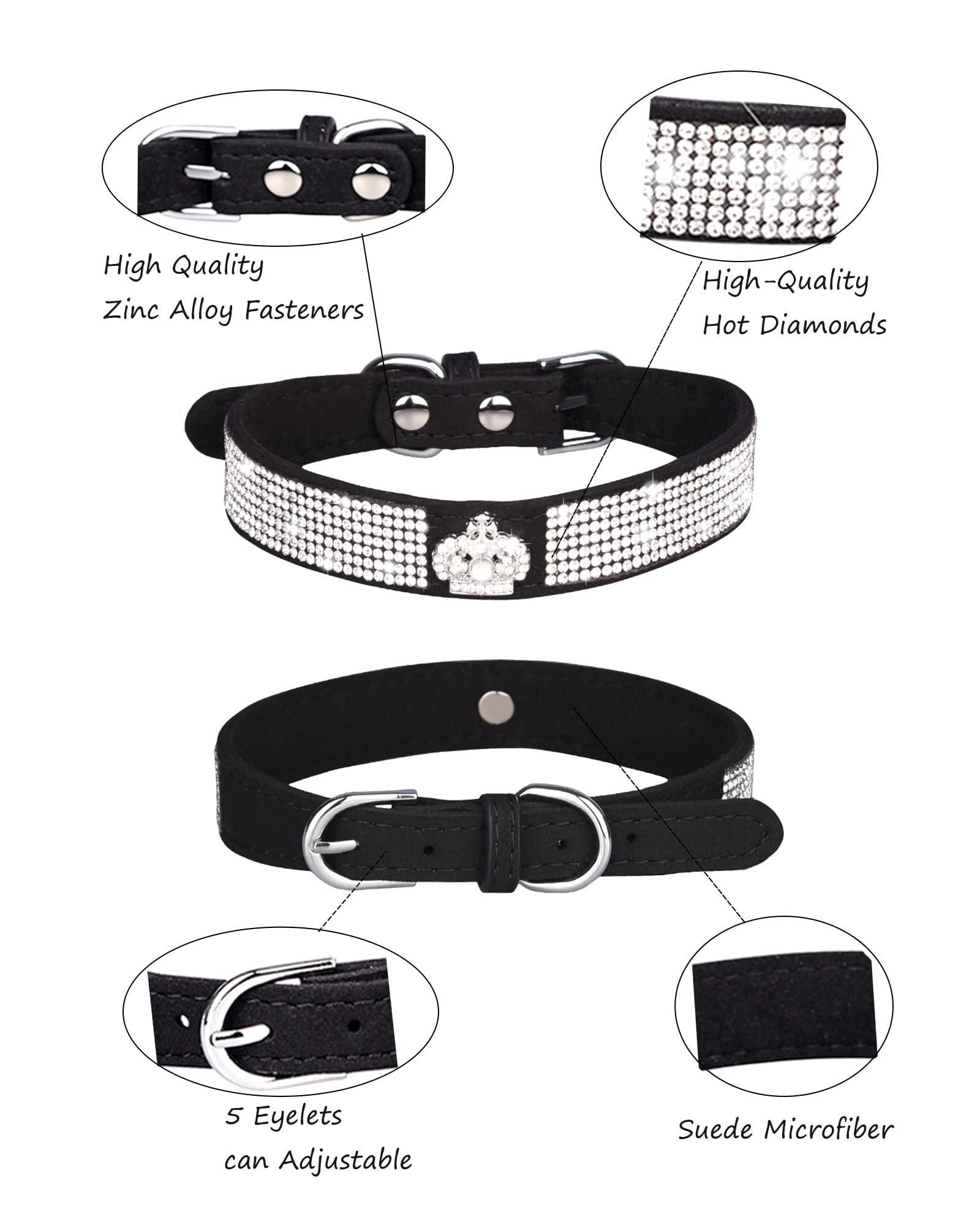 Dog Collar For Small Dogs, Adjustable Leather Suede Bling Dog Collars,Pink Dog Collar Cat Collar, Rhinestone Dog Collar (M, Blac