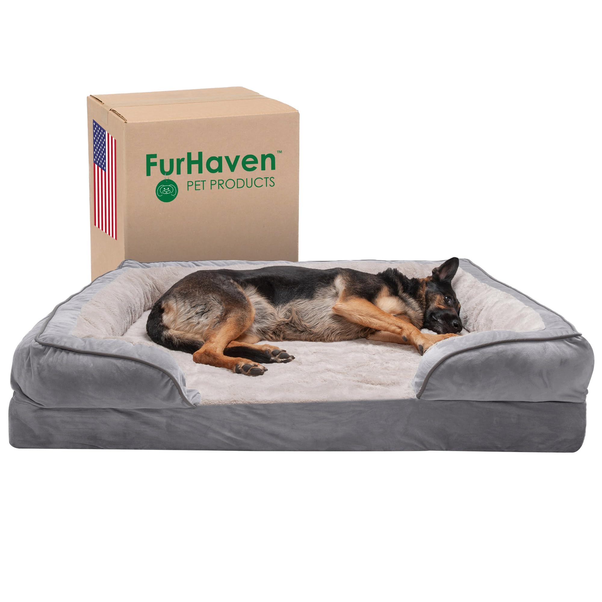 Furhaven Memory Foam Dog Bed for Large Dogs w/ Removable Bolsters & Washable Cover, For Dogs Up to 125 lbs - Plush & Velvet Wave