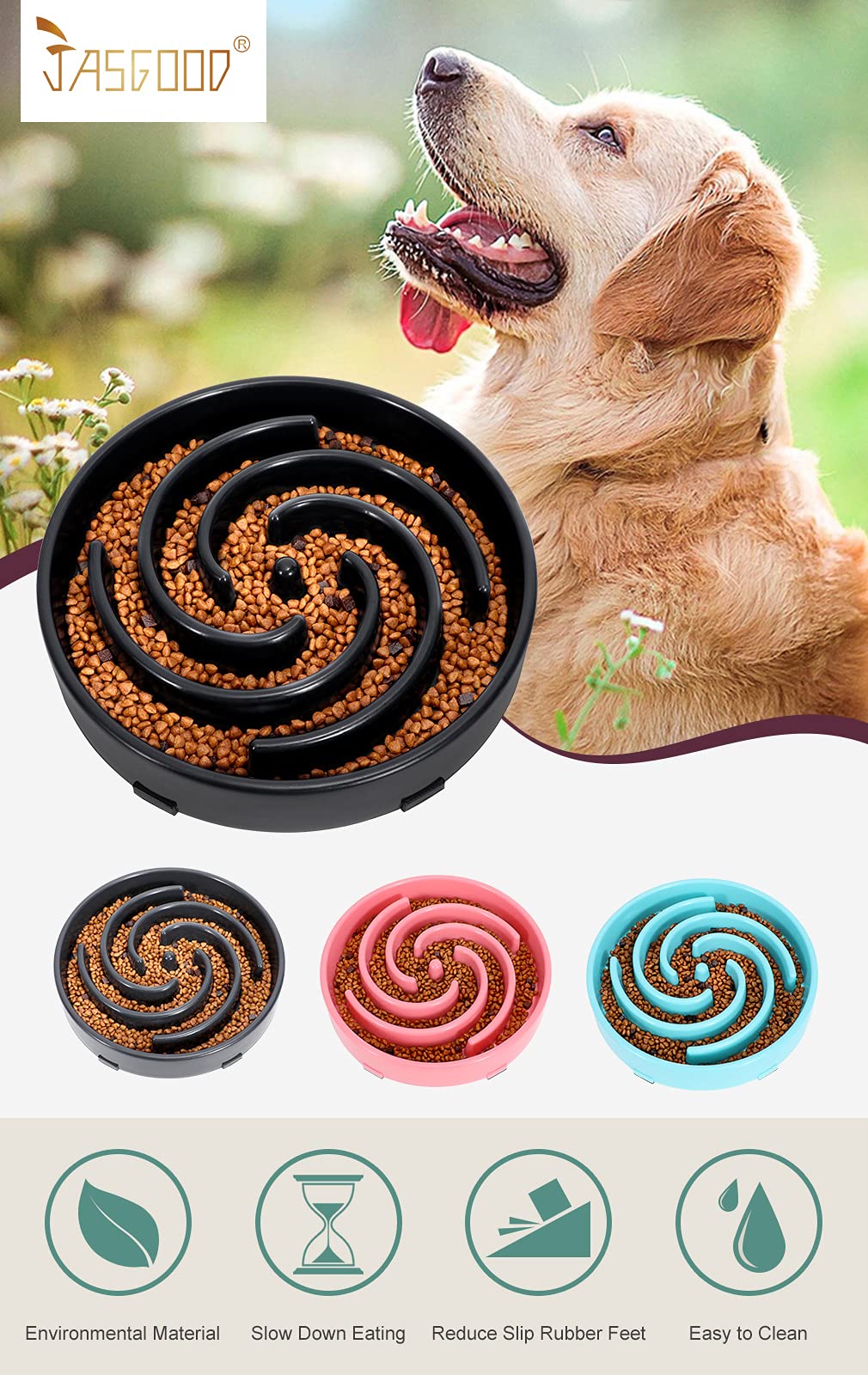 JASGOOD Slow Feeder Dogs Bowl for Large Medium Dogs,Anti-Gulping Pet Slower Food Feeding Bowls Stop Bloat,Preventing Choking