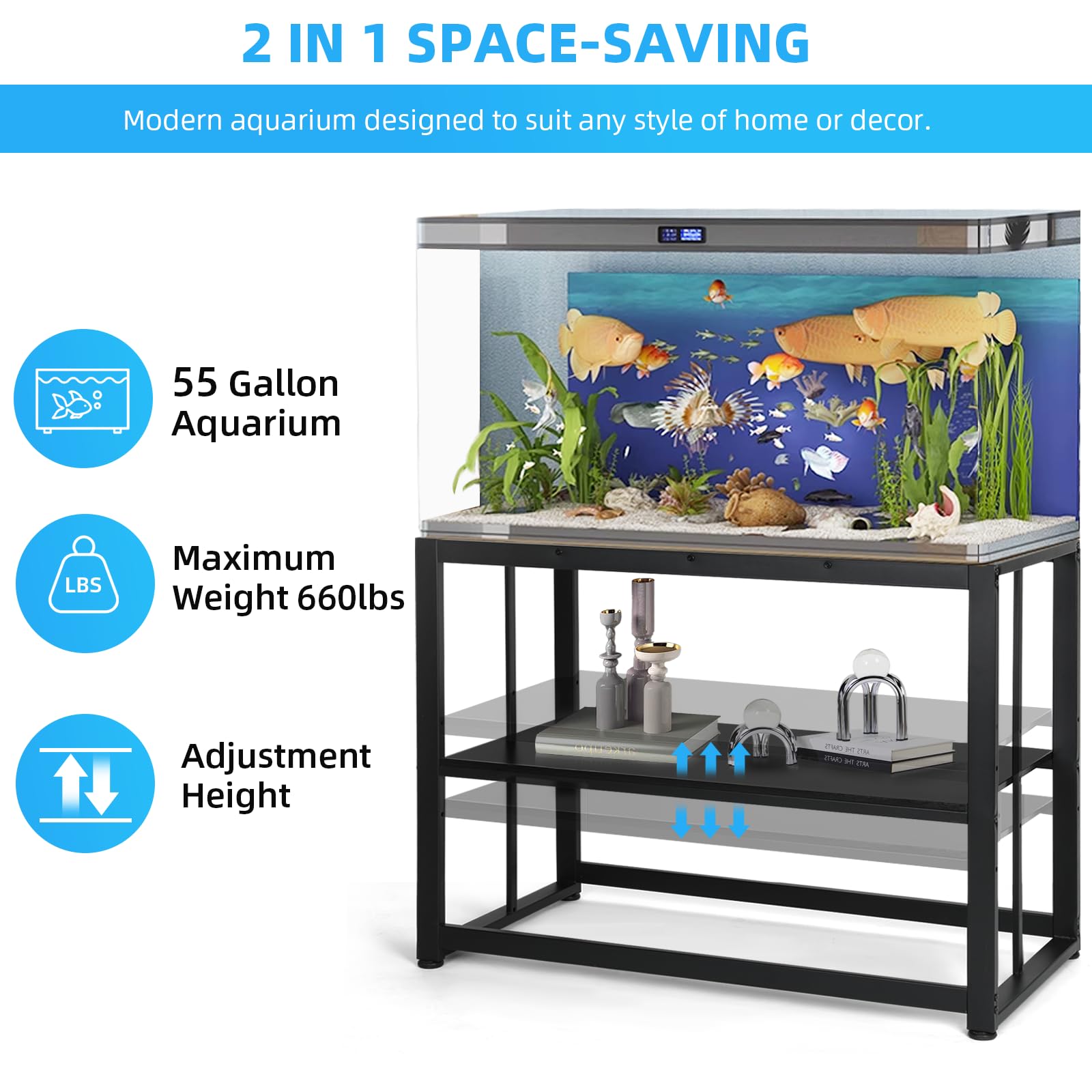 VOWNER 55-75 Gallon Fish Tank Stand - Metal Aquarium Stand, 48.4 x 14.9 x 29.5 Heavy Duty Reptile Tank Stand, Adjustable 2-Tier