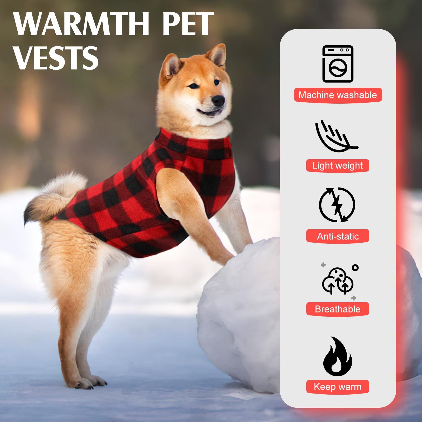 Fleece Dog Jacket - Warm Soft Stretchy Vest With D Ring Leash, Red Plaid, S