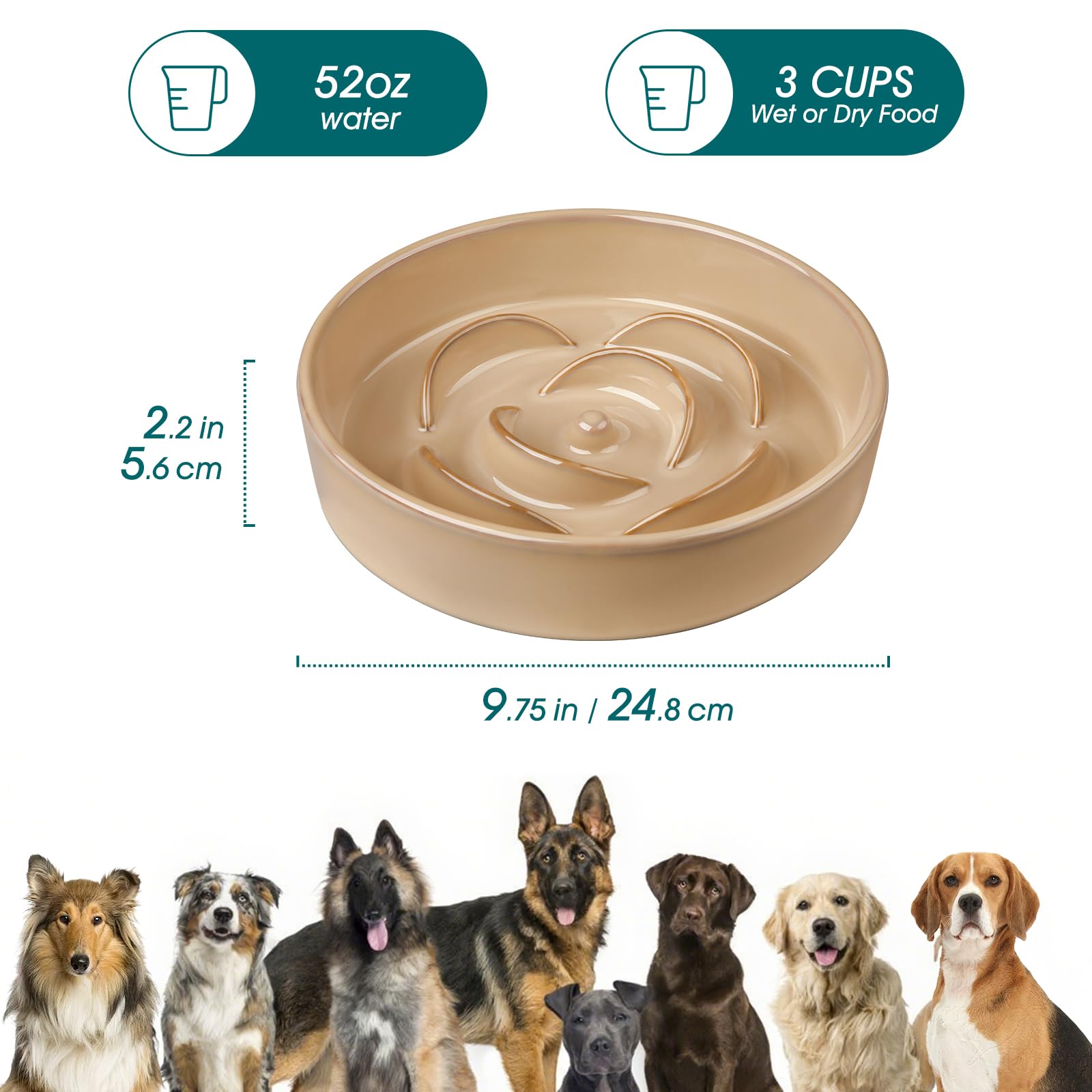 vancasso Slow Feeder Dog Bowl, 3 Cups Ceramic Slow Feeder for Large Breed, Puzzle Maze Dog Food Bowl for Fast Eater, Khaki