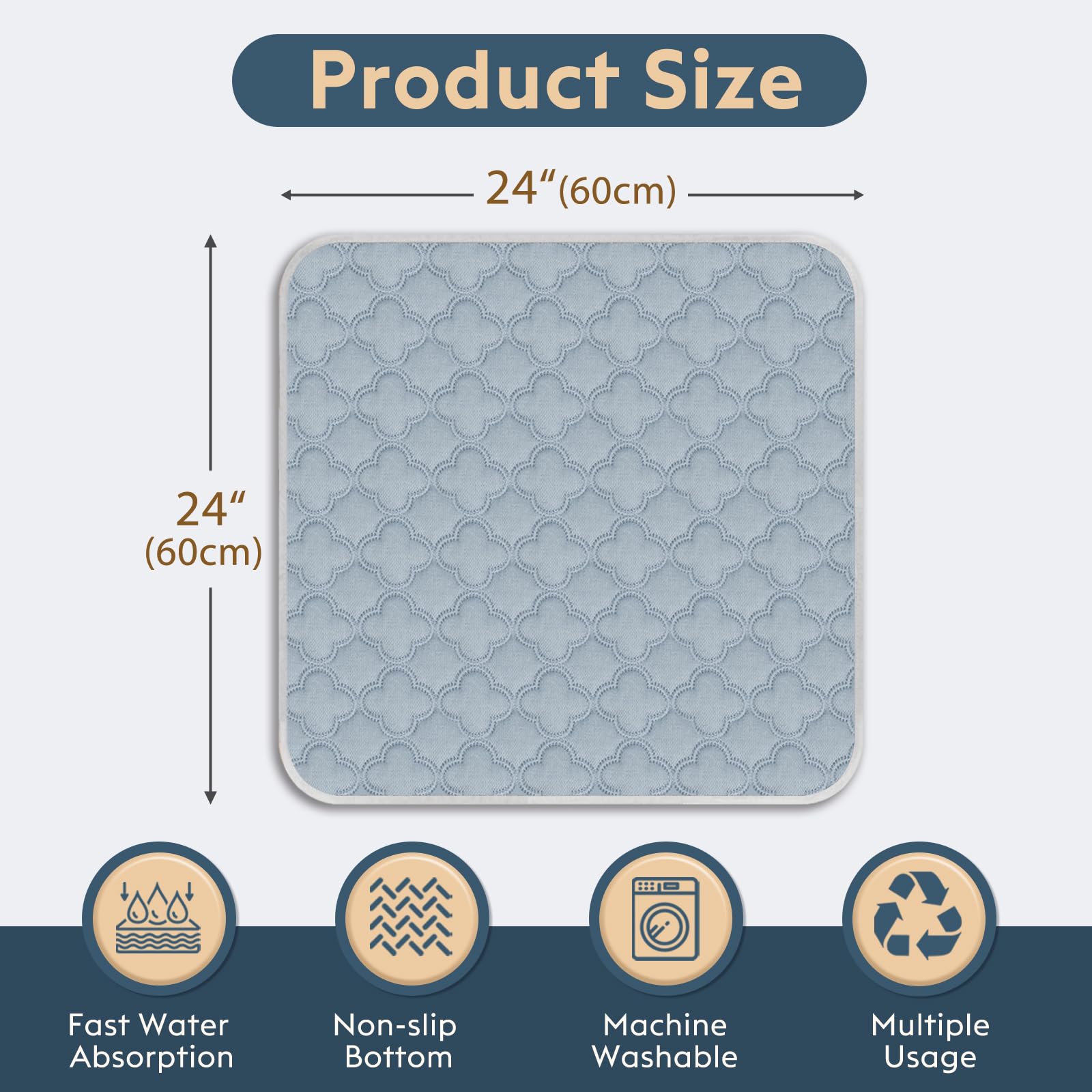 Funfurry Washable Pee Pads For Dogs - Reusable, Waterproof, Super Absorbent With Non-Slip Backing (Light Grey, 24'' X 24'' - 2 P