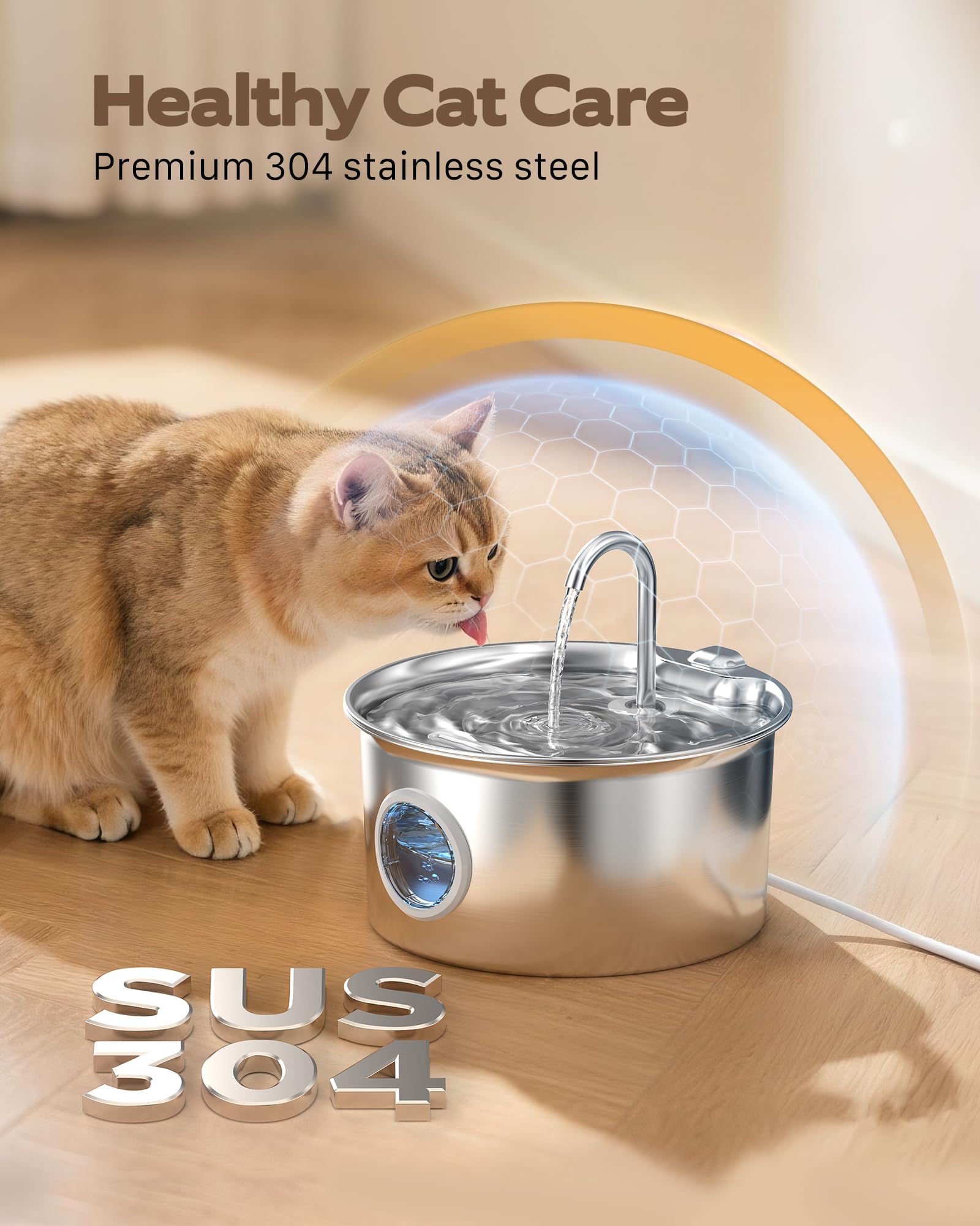 Cat Water Fountain Stainless Steel: Cat Fountain for Drinking - 88oz/2.6L Pet Water Fountain for Cats Indoor - Quiet Cats Water