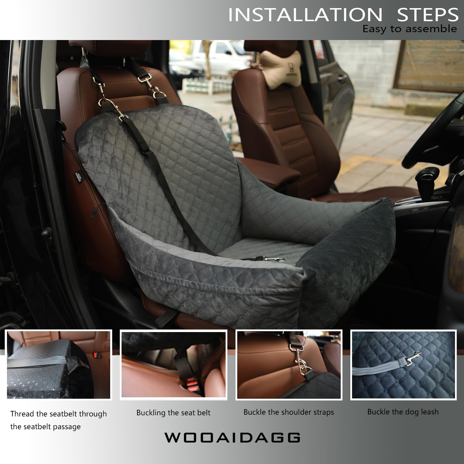 WOOAIDAGG Dog Car Seat,Fully Detachable and Washable Cover,Easy to Assemble,Comfy Cushion Fill in Memory Foam,2 Clip-On Safety L