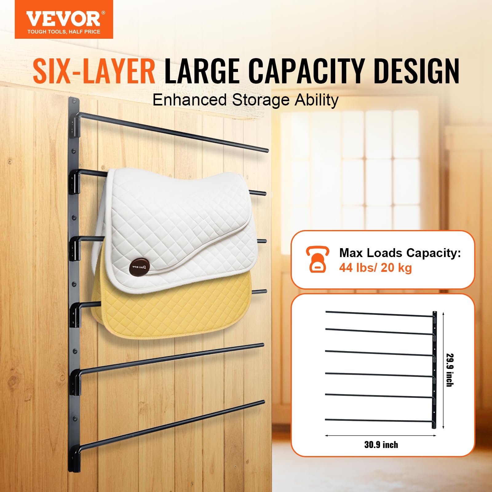 VEVOR Wall Mounted Saddle Rack, 30.9 x 29.9 x 5.5 in, Swing Out Saddle Holder, Six Tiers Horse Saddle Stand, Space Saving Horse