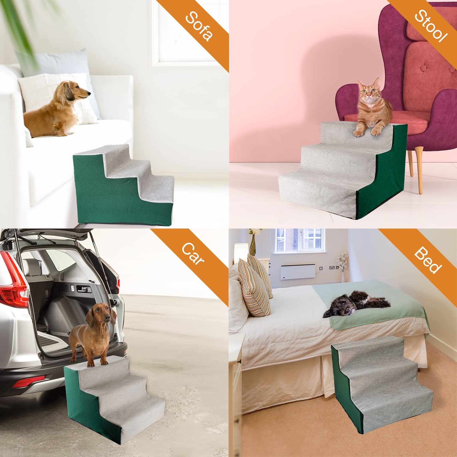 Enjoying Dog Stairs For Small Dogs, 3-Step Puppy Ladder For Couch, Assemblable Non-Slip Doggy Cat Steps, Green/Grey